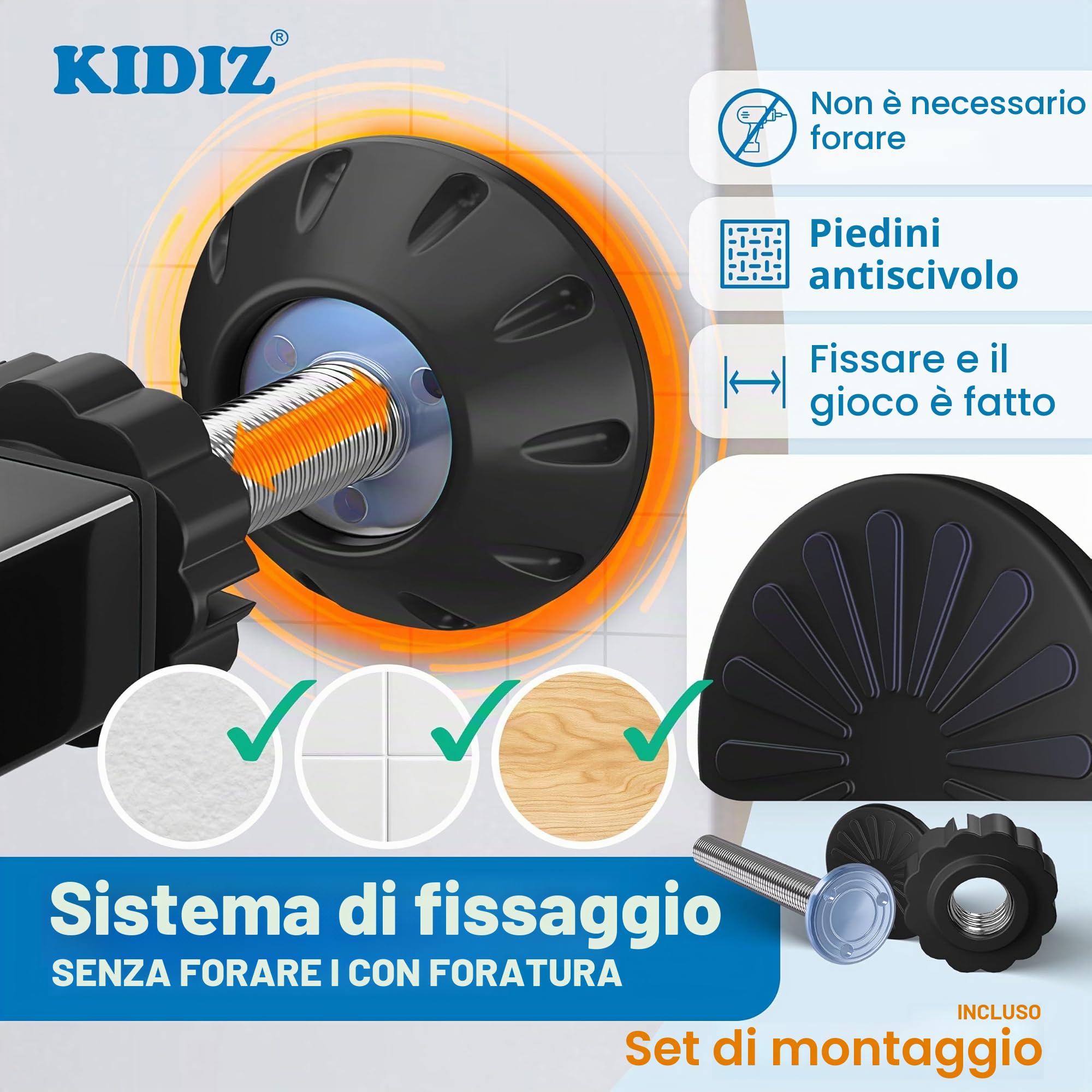 KIDIZ Autoclose - Griglia di protezione per scale, con morsetto, senza foratura, protezione di arresto a 90°, orientabile, nera, larghezza: 102-108 cm