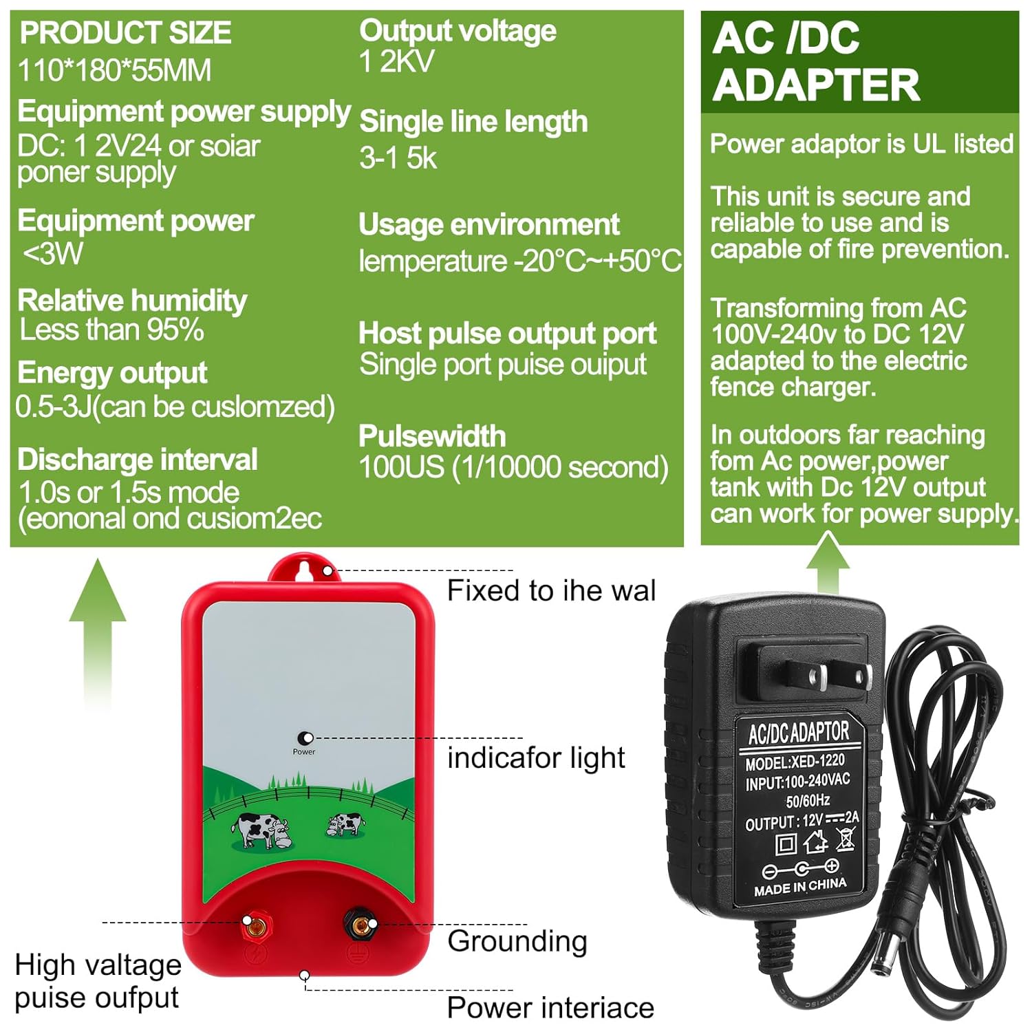 8 Mile Electric Fence for Preventing Animal Intruding 12000V 1.5Joule Electric Fence Charger Kit with Copper Ground Rod Insulator Socket Tool Aluminum Wire for Containing Dog Livestock
