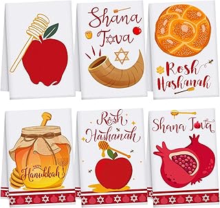Yinkin 6 Pcs Rosh Hashanah Kitchen Towels Shana Tova Pomegranate Apple and Bee Challah Proofing Towels Decorations Printed with Cartoon Rosh Hashanah Jewish Holiday Hostess Gift for Home Cleaning Cook