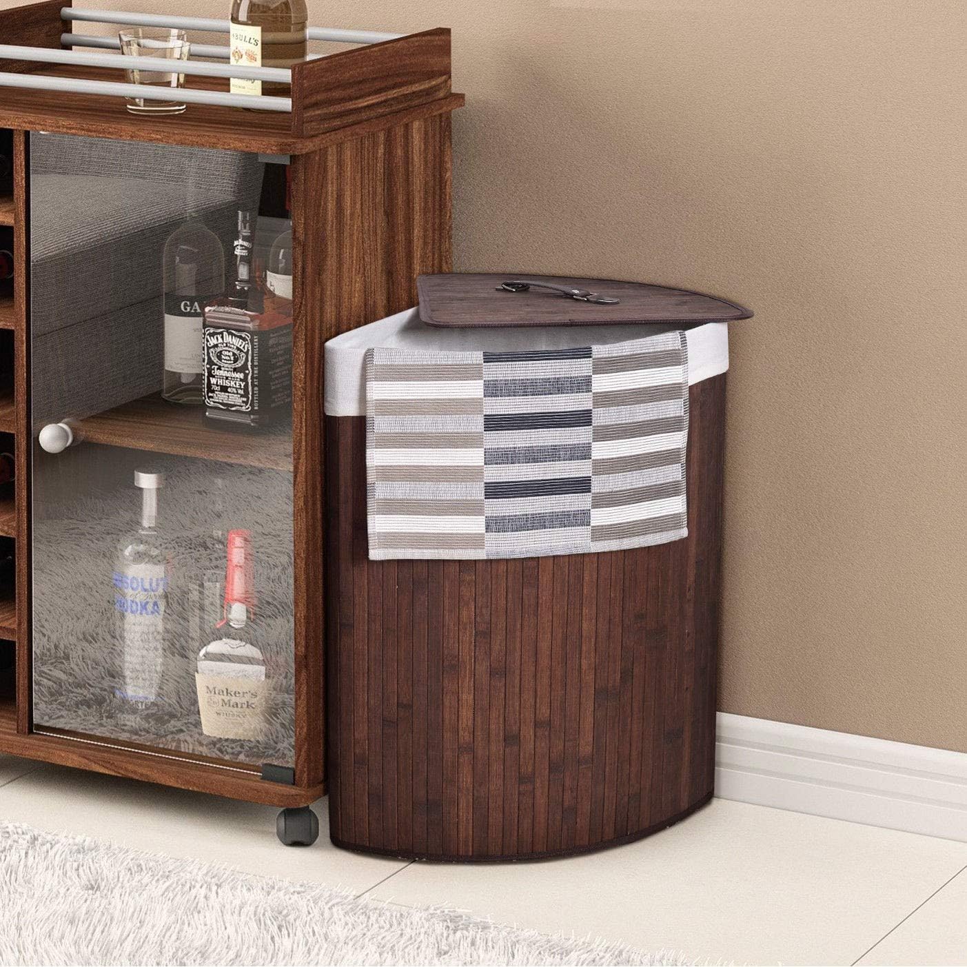 GOFLAME Corner Bamboo Laundry Hamper with Lid and Removable Liner, Washing Clothes Basket Storage Bin with Handle, Suitable for Bedroom, Bathroom, Laundry (Brown)