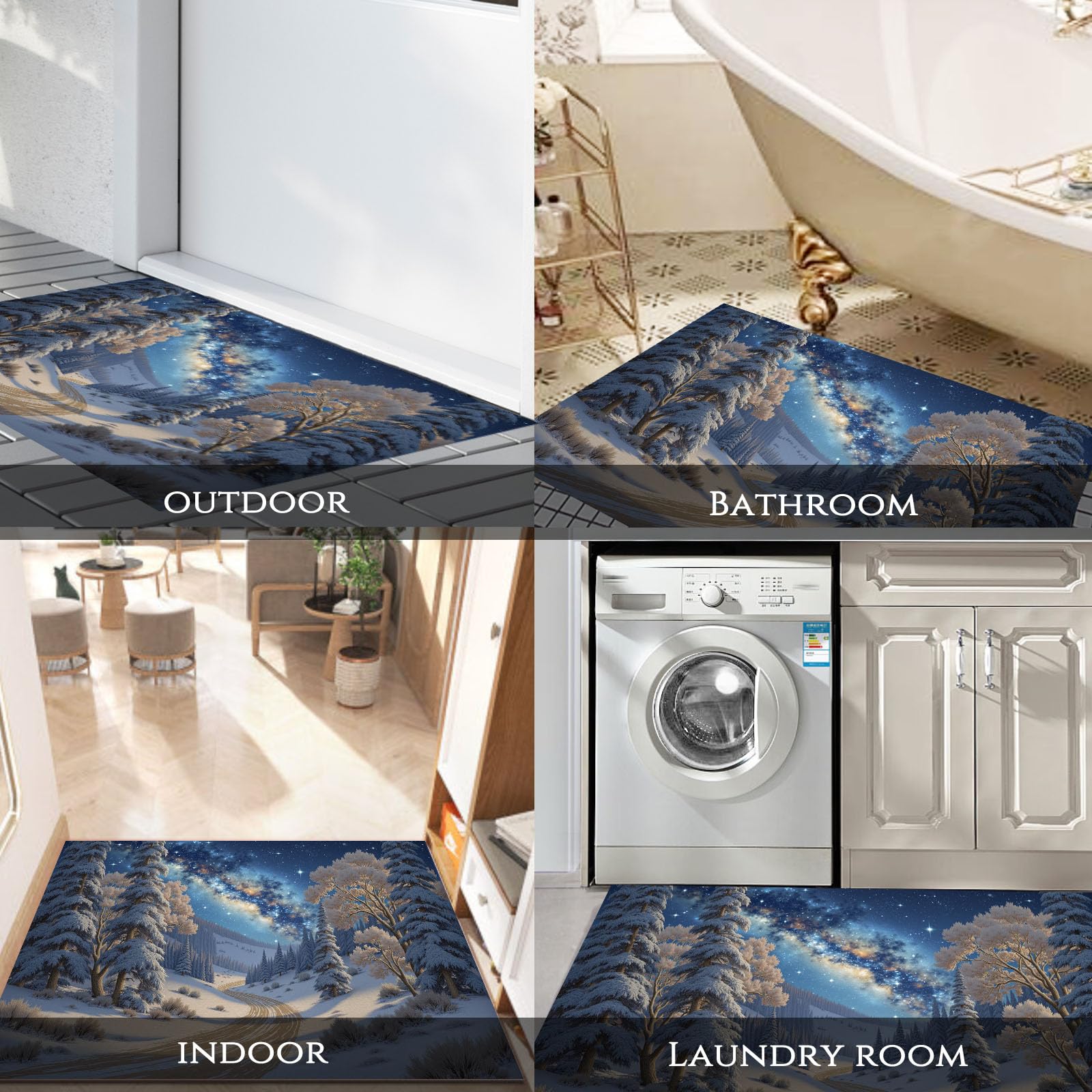 Tapis De Porte De Bienvenue, 90 X 150 Cm Scène Neige Étoilée Rêve Paillasson Entree Antidérapant Lavable Arbre Galaxie Neige Tapis De Sol Anti-Poussière pour Entrée Couloir Cuisine,Bleu