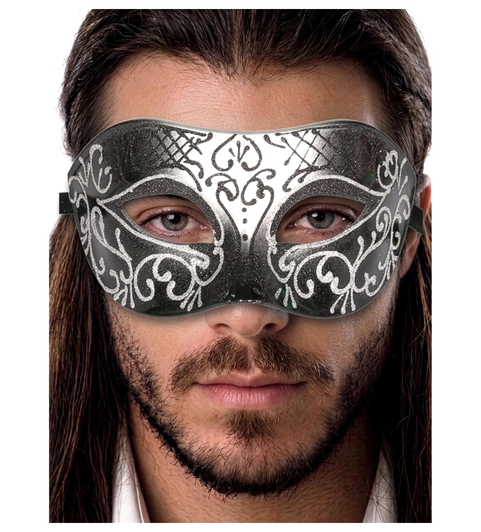 Masquerade Mask For Men - Antique Look Mask for Halloween, Venetian Party, Masquerade Party, Mardi Gras, & Prom, Black Silver Design, One size