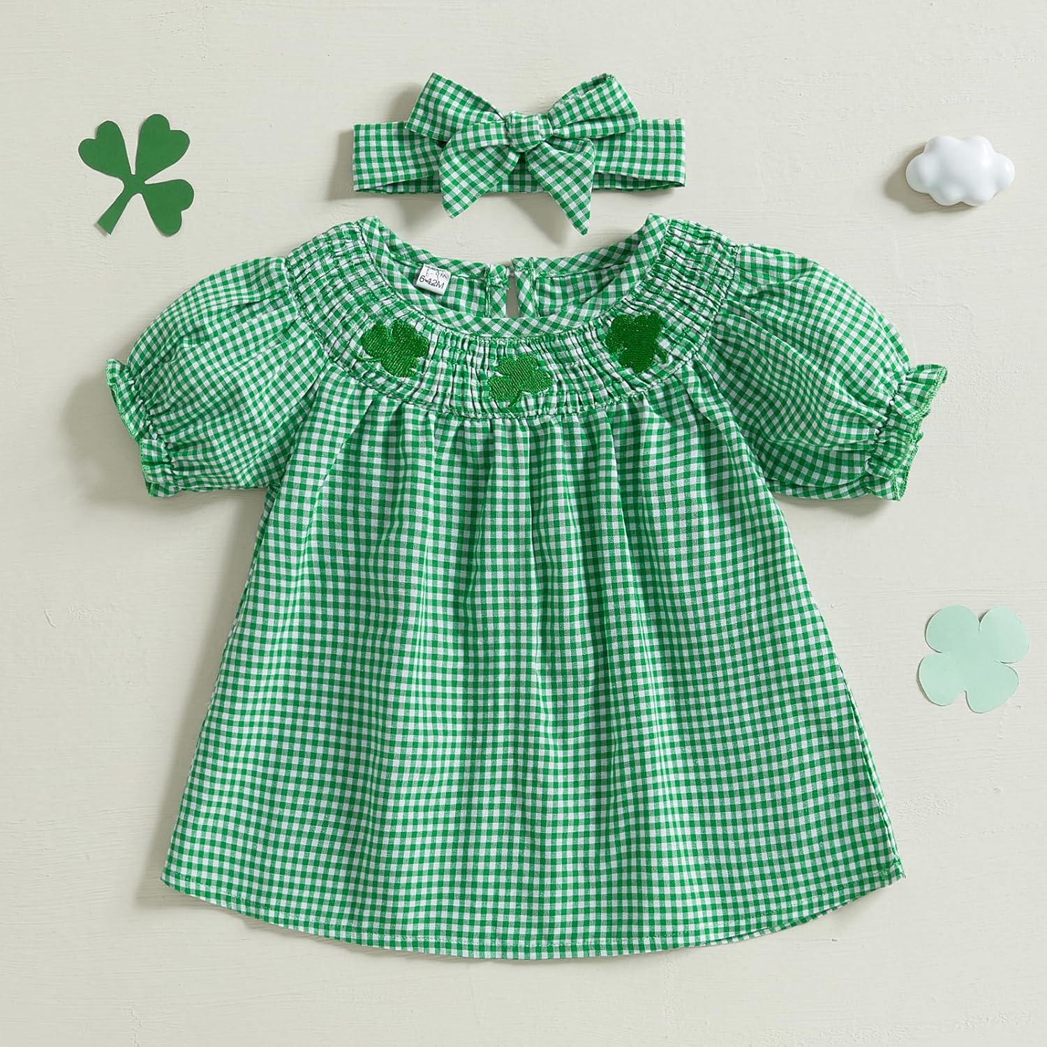 Baby Girl St Patrick’s Day Dress Puff Short Sleeve Smocked Clover Embroidery Plaid Dress Infant Toddler Girl Irish Dresses - Image 7
