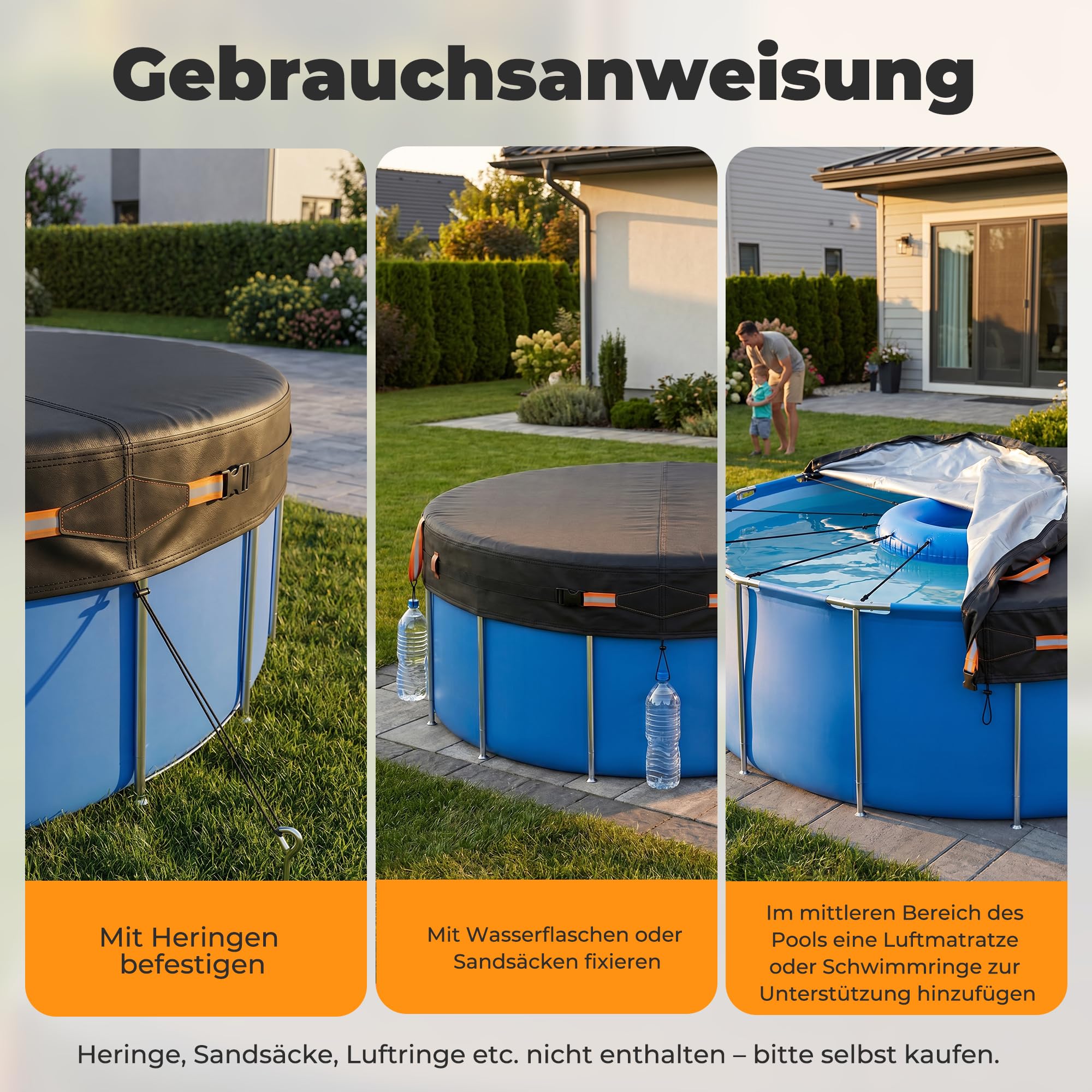 Poolabdeckung Rund, Sommer-Poolplane aus hochwertigem Oxford-Gewebe für runden Aufstellpool, mit Steckschnallen & Kordelzug, Ø 305cm (10FT)