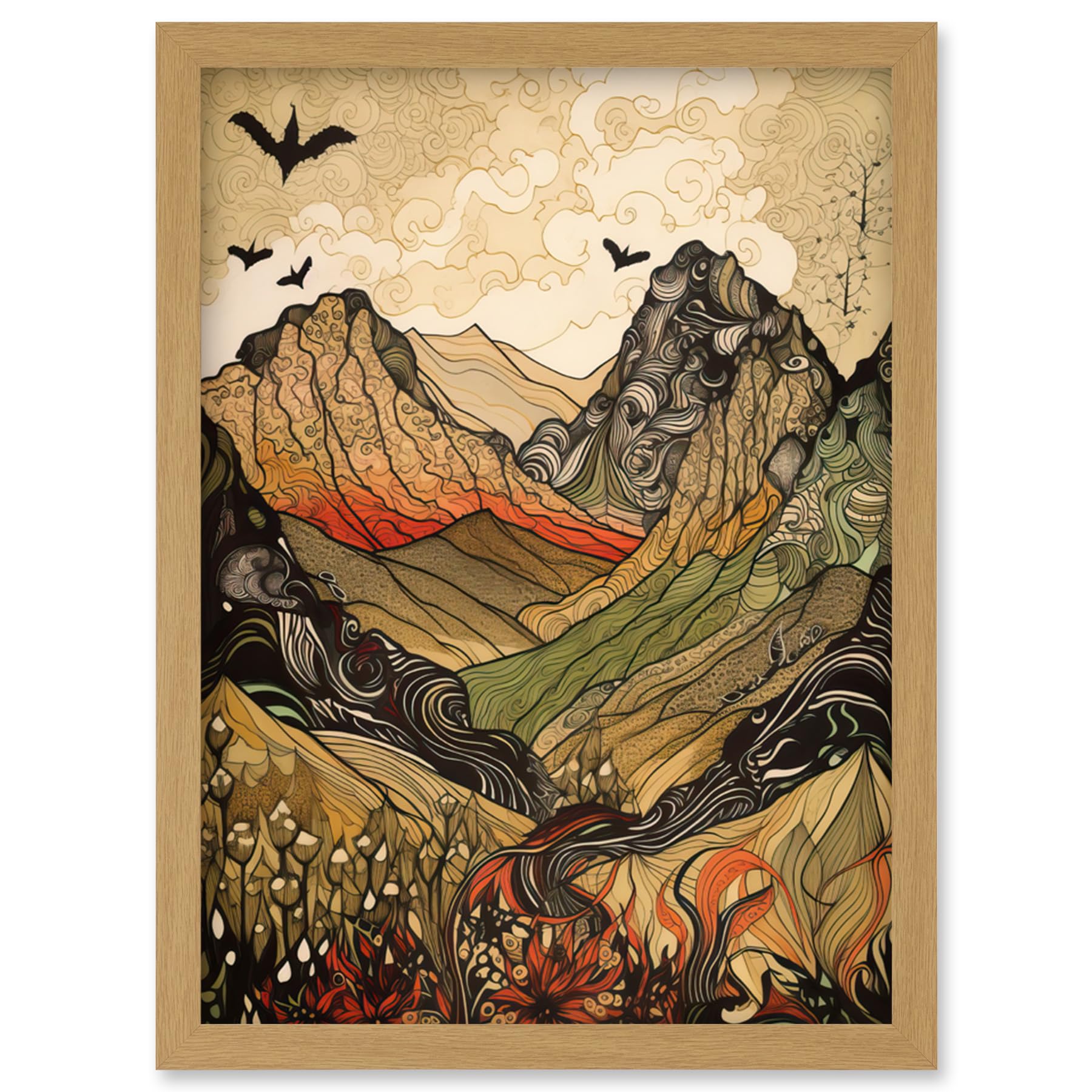 Artery8 Mountain Landscape Multicoloured Pattern Linocut Artwork Framed Wall Art Print A4