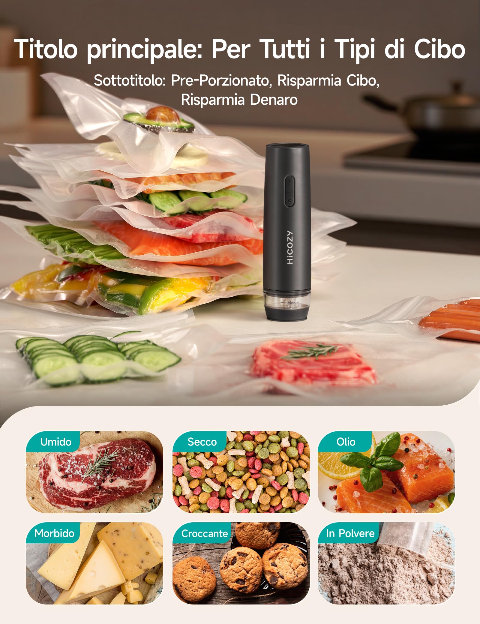 HiCOZY Macchina Sottovuoto Alimenti Portatile con Serbatoio Acqua Visibile, Sigillatrice Sottovuoto Compatta Include 30 Sacchetti Senza BPA, Sigillatura Freschezza con Un Tocco, Grigio