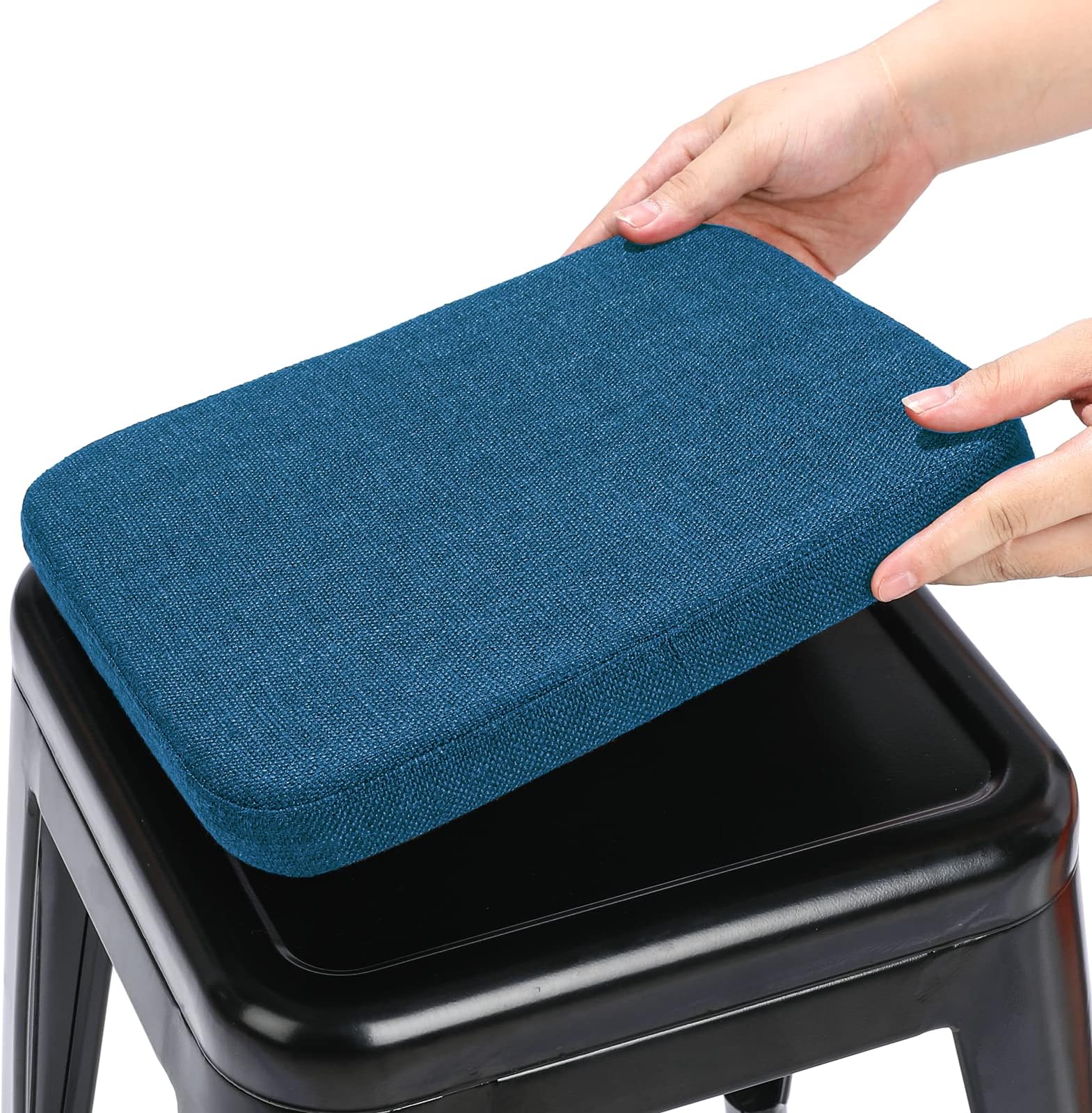 BUYUE Friendly Woven Fabric Magnetic Bar Stool Cushion 1 Piece, Enhanced Anti-Slip Breathable Small Chair Seat Pad for Café Bistro Stackable Metal Stool (Square, Dark Blue, 1)