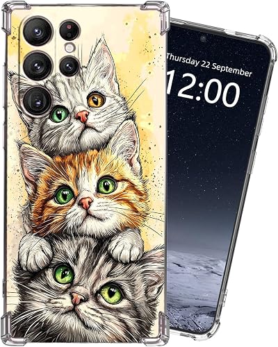 KUJKBFWJ for Samsung Galaxy S23 Ultra Clear Case with [Three Cute Kittens], Non-
