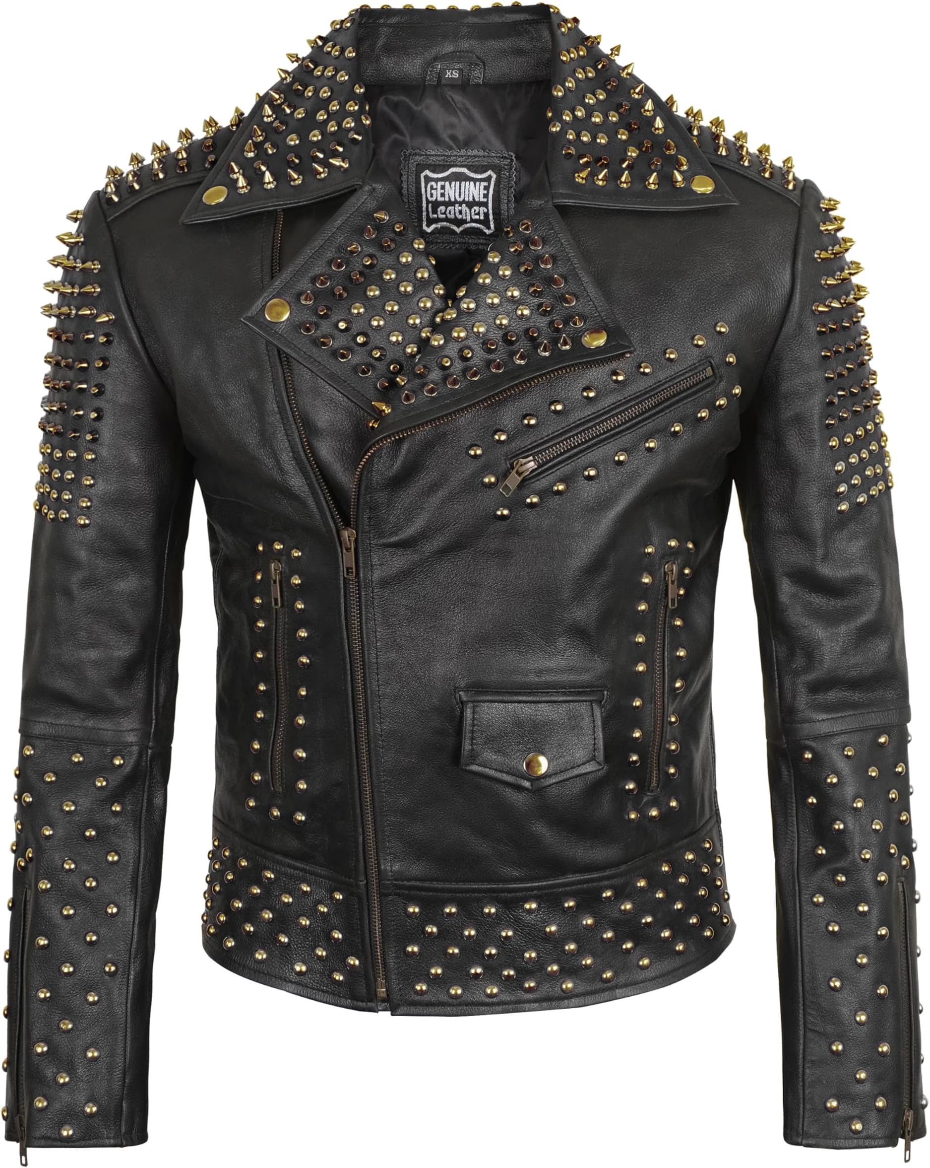 Men's Studded Cowhide Leather Biker Jacket - Punk Rock Spiked Brando Coat
