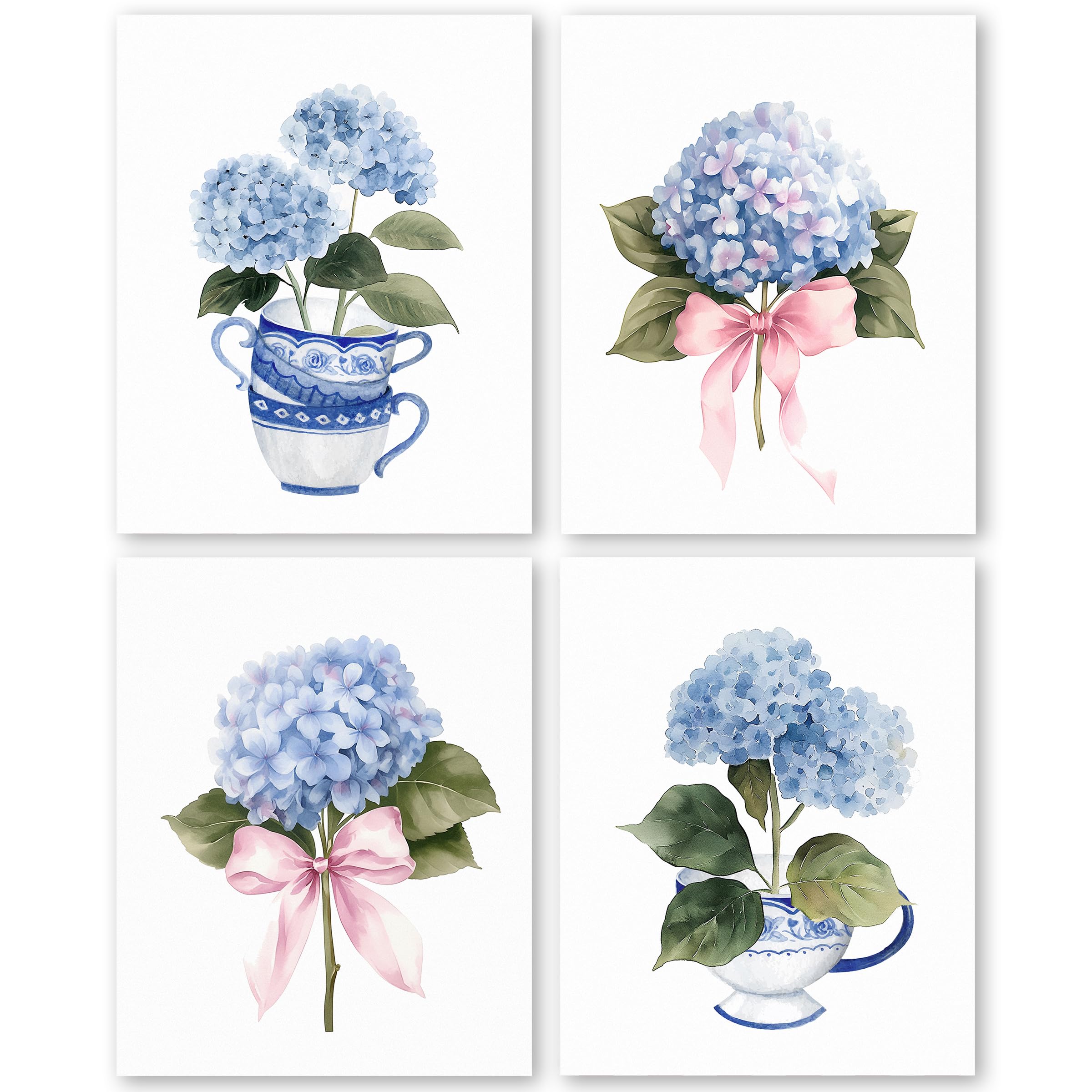 Amazon.com: QLMX Coquette Hydrangea Wall Art Prints Set of 4, Blue Wall ...