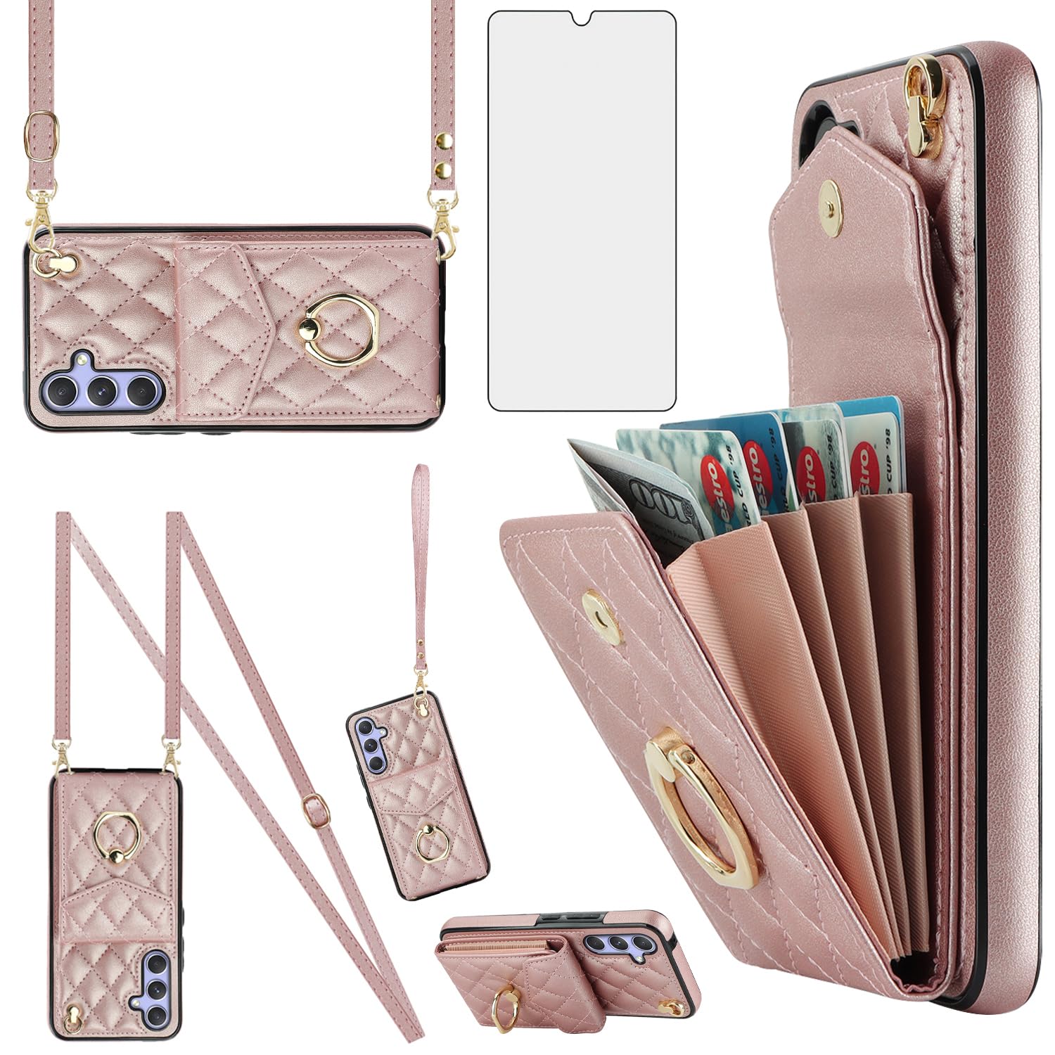 Asuwish Phone Case for Samsung Galaxy S25 5G Wallet Cover with Tempered Glass Screen Protector and Crossbody Wrist Strap Ring Stand RFID Blocking Card