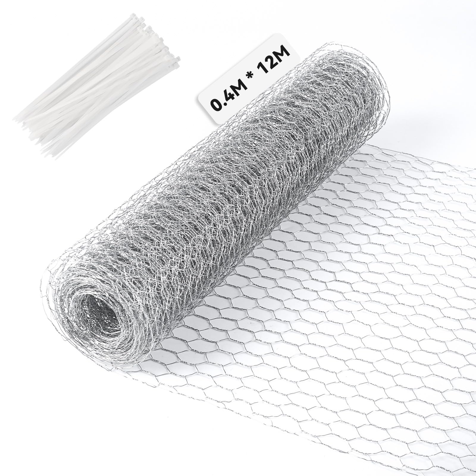 Siatka druciana dla królików, 40 cm x 12 m, siatka druciana dla norników, 100 opasek kablowych, siatka druciana ocynkowana, drut dla kur o drobnych oczkach, siatka do ogrodzeń zwierząt, do wysokich