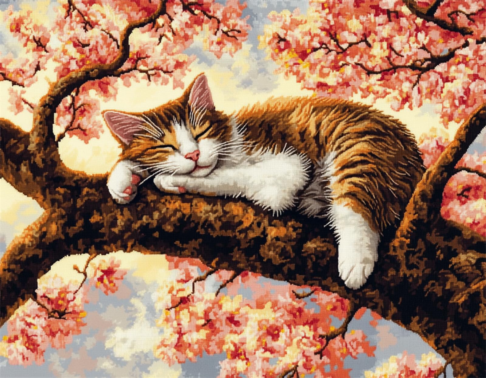 Wallphantom Tier Katze Knüpfteppich Set DIY,Katze schläft auf einem Ast,Handarbeit Set Knüpfset für Anfänger,Teppich zum Selber Knüpfen Basteln Erwachsene Kreativ,Haus Dekoration Geschenk,55x75cm