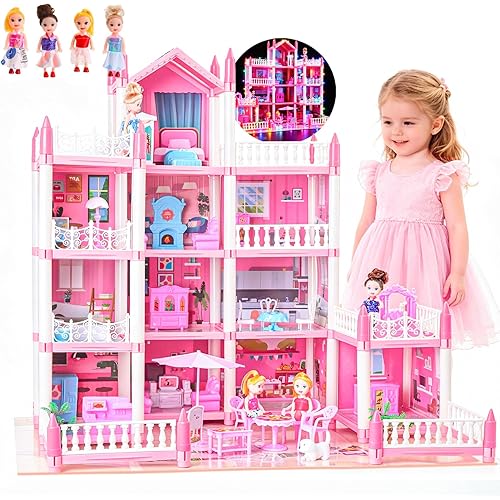 Large Doll House for Girls 3-12 Years Old 11 Rooms Dream Dollhouse with Lights, Play Mat, Dolls, Furniture & Rich Accessories, Perfect Birthday for Kids