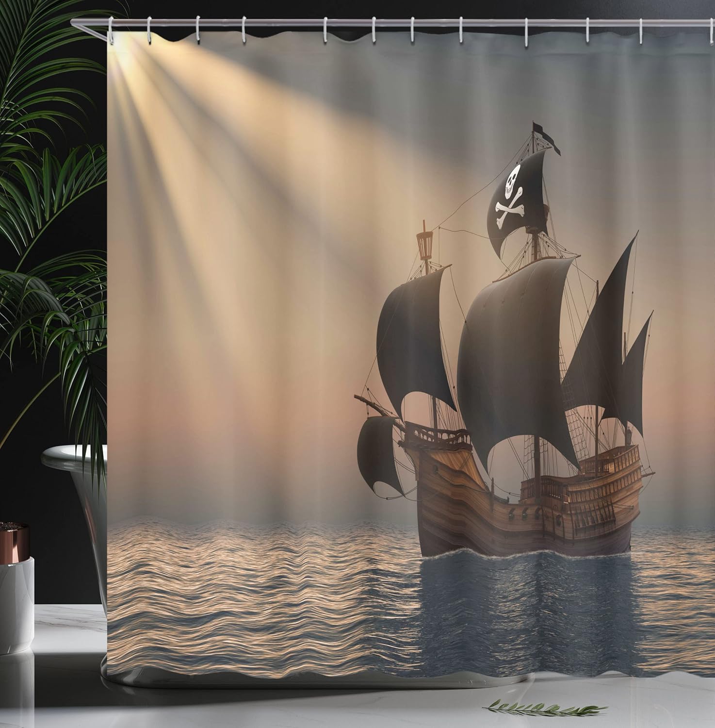 Ambesonne Pirate Shower Curtain, Ship with Black Flags Floating on Ocean in Rays of Sun Caravel Watercraft Nautical, Cloth Fabric Bathroom Decor Set with Hooks, 69" W x 75" L, Grey Black