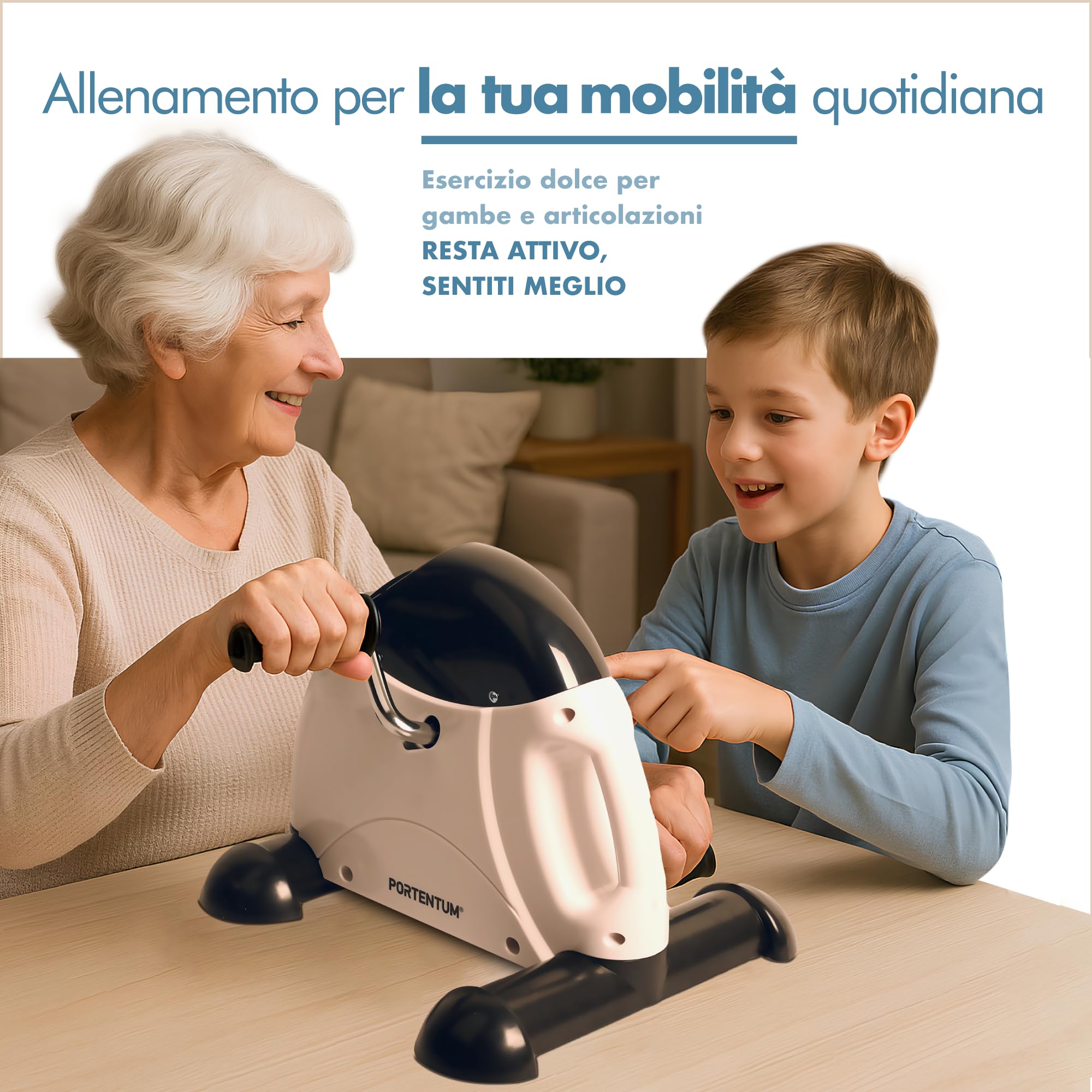 PORTENTUM Pedaliera riabilitazione con schermo LCD 6 funzioni – Mini cyclette da seduta per anziani per braccia e gambe, con resistenza regolabile e maniglia per trasporto