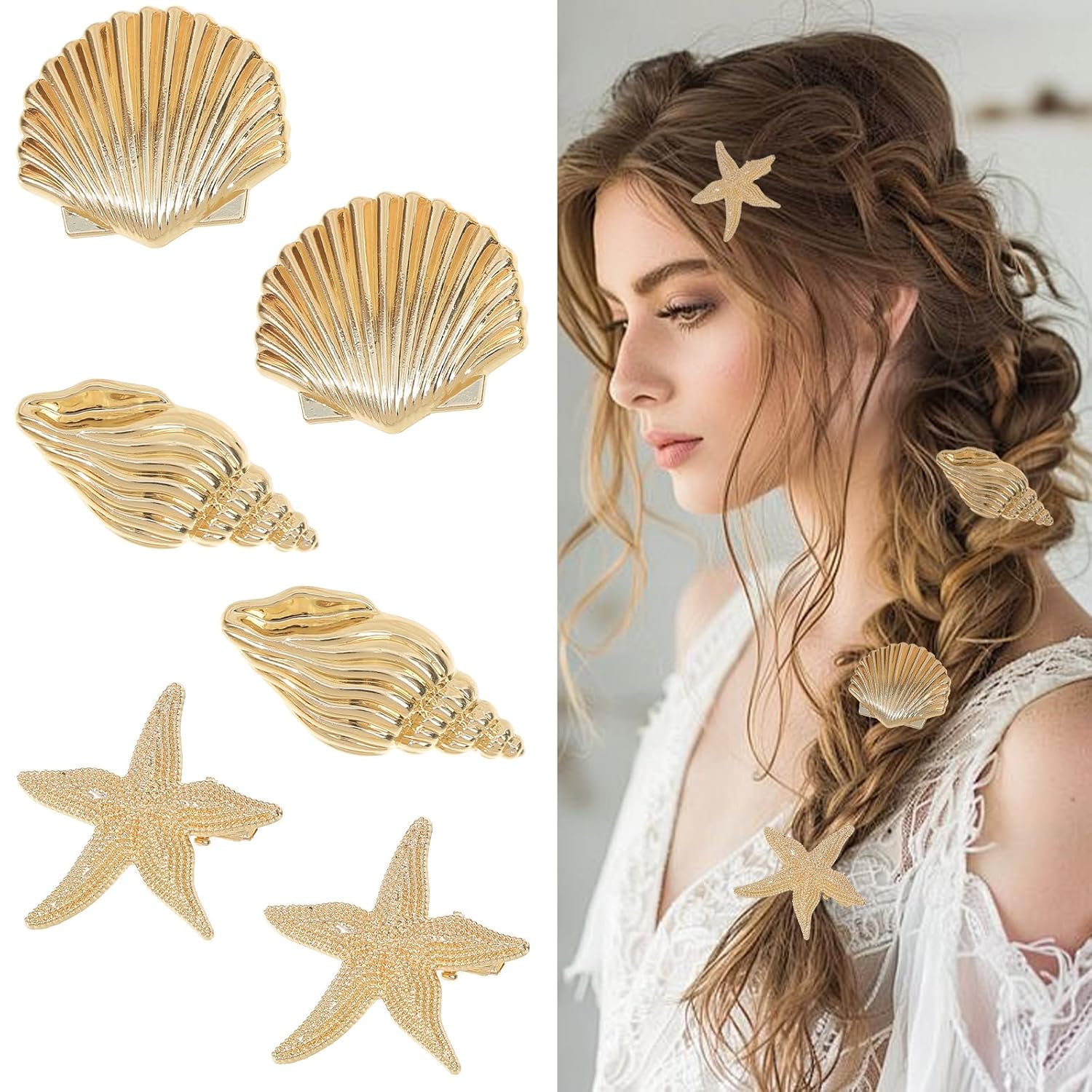 6 PCS Metal Hair Clips Gold Shell Starfish Conch Design Small Alligator Clips Beach Summer Holiday Theme Hair Accessories for Women Girls