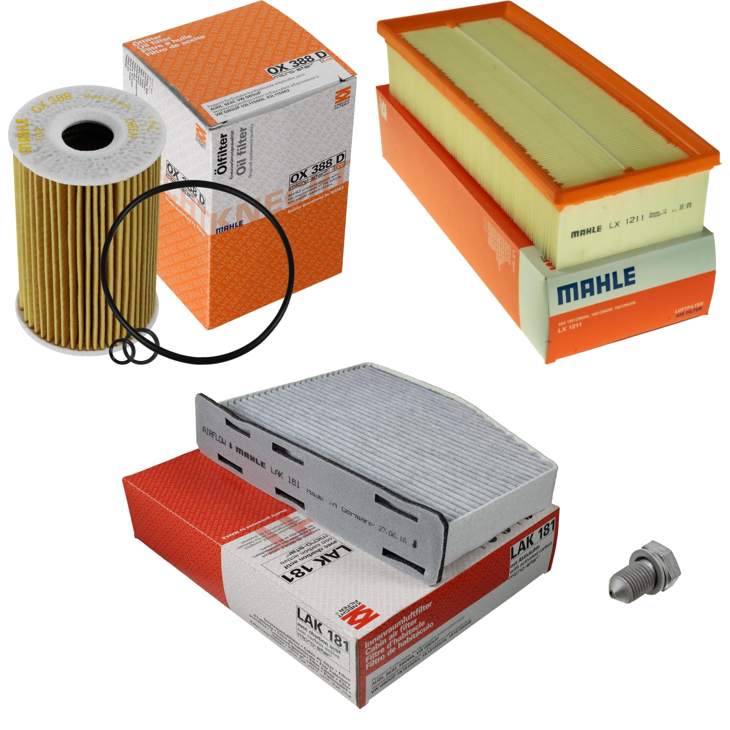 Paquete de inspección Kit de mantenimiento con filtro de aceite OX 388D, filtro de aire LX 1211, filtro de habitáculo (carbón activado) LAK 181, tornillo de cierre