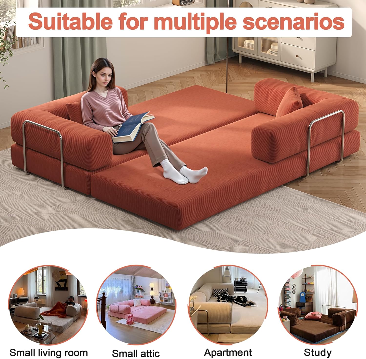79" Convertible Sofa Bed with Pillows, Corduroy Folding Sleeper Sofa with Fixed-Shape Frame, Boneless Couch for Living Room Bedroom, Floor Sofa Lounge No Assembly Required (Orange) A - Style - Orange