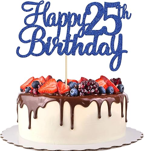 Gyufise 1 pieza de decoración para pastel de cumpleaños 25 con purpurina azul para tarta de cumpleaños de 25 años, felicitaciones a 25 años de edad