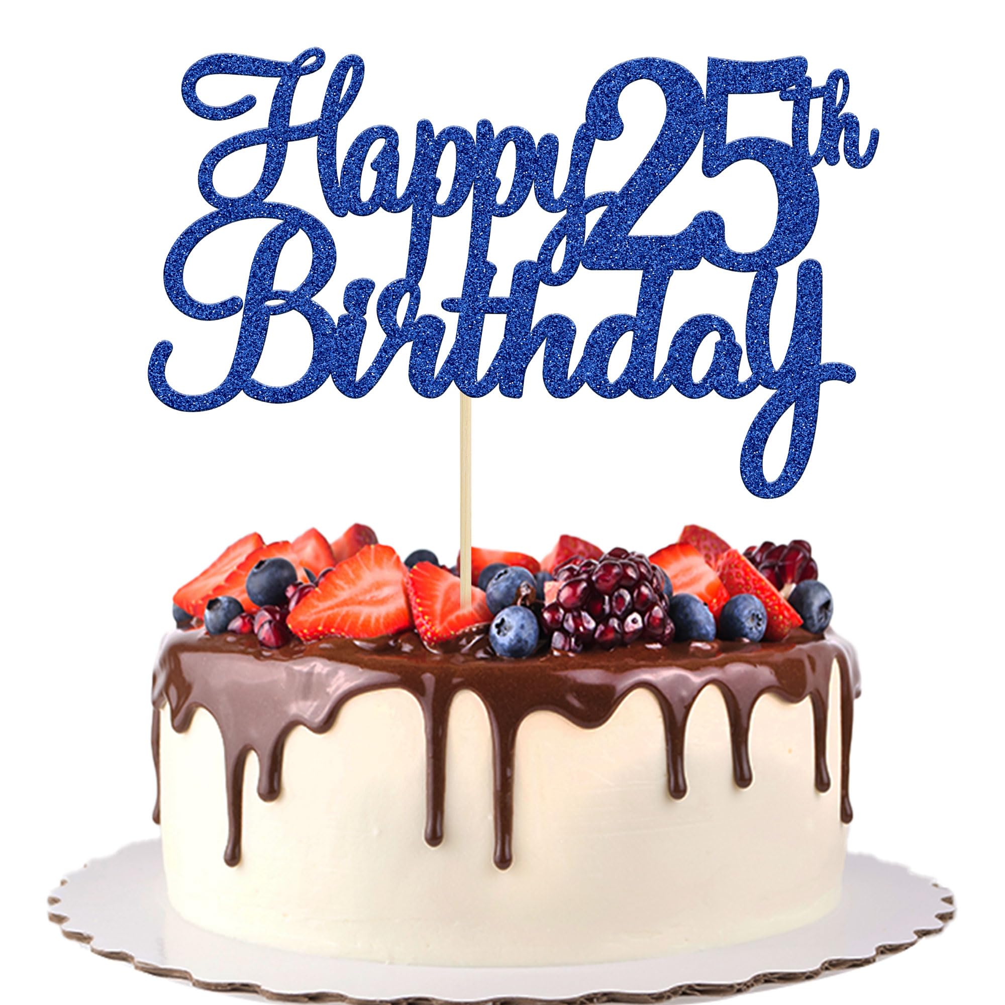 Gyufise 1Pc Happy 25th Birthday Cake Topper Blue Glitter 25th Birthday Cake Pick Cheers to 25 Years Old Twenty-Five Fabulous Cake Decorations for 25th