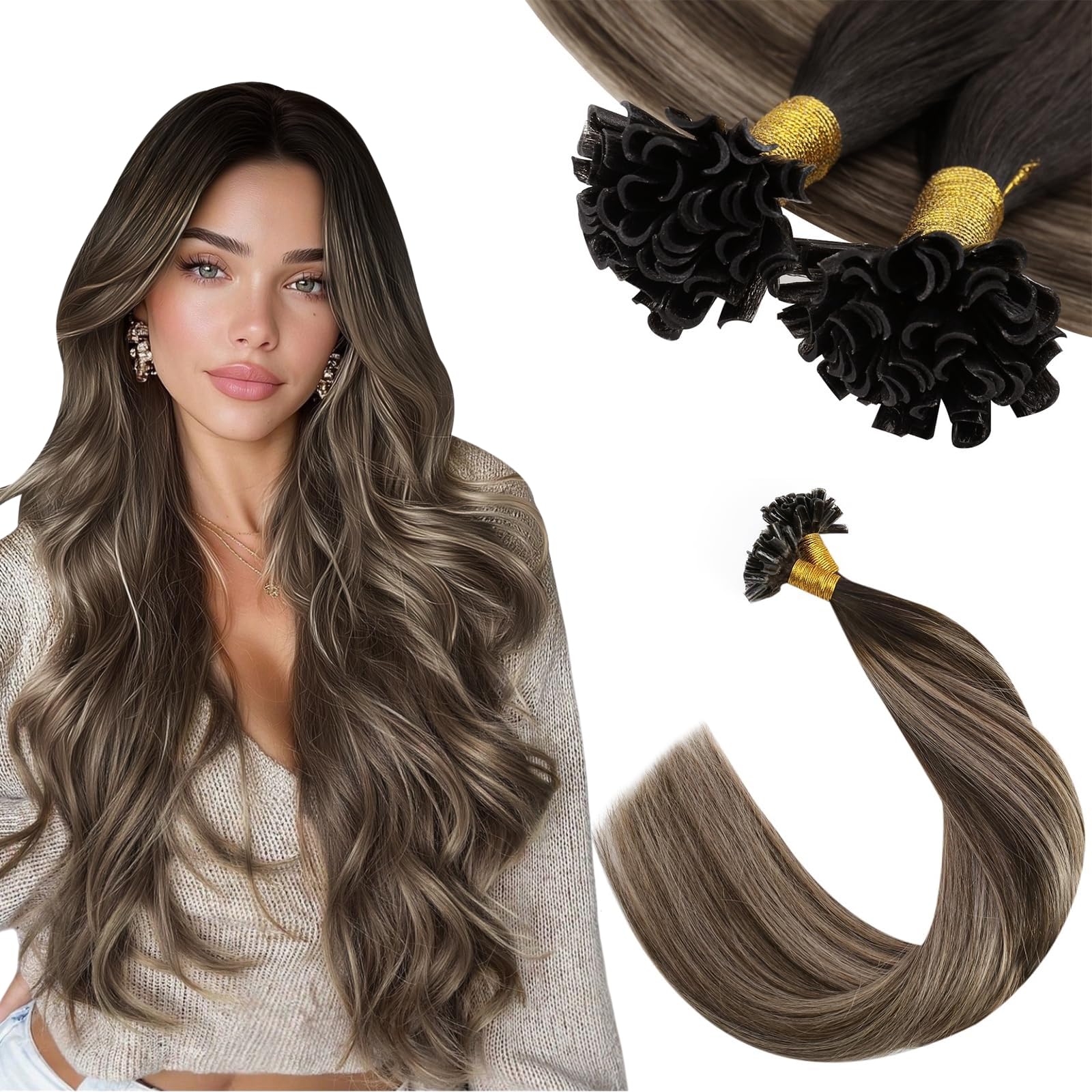 Ugeat Przedłużanie Włosów Keratyna Utip, Włosy Ludzkie, Balayage Ciemny Brąz, 35cm 50 sztuk 50g, Przedłużanie Włosów U Tip Popielaty Brąz, Remy Naturalne Proste