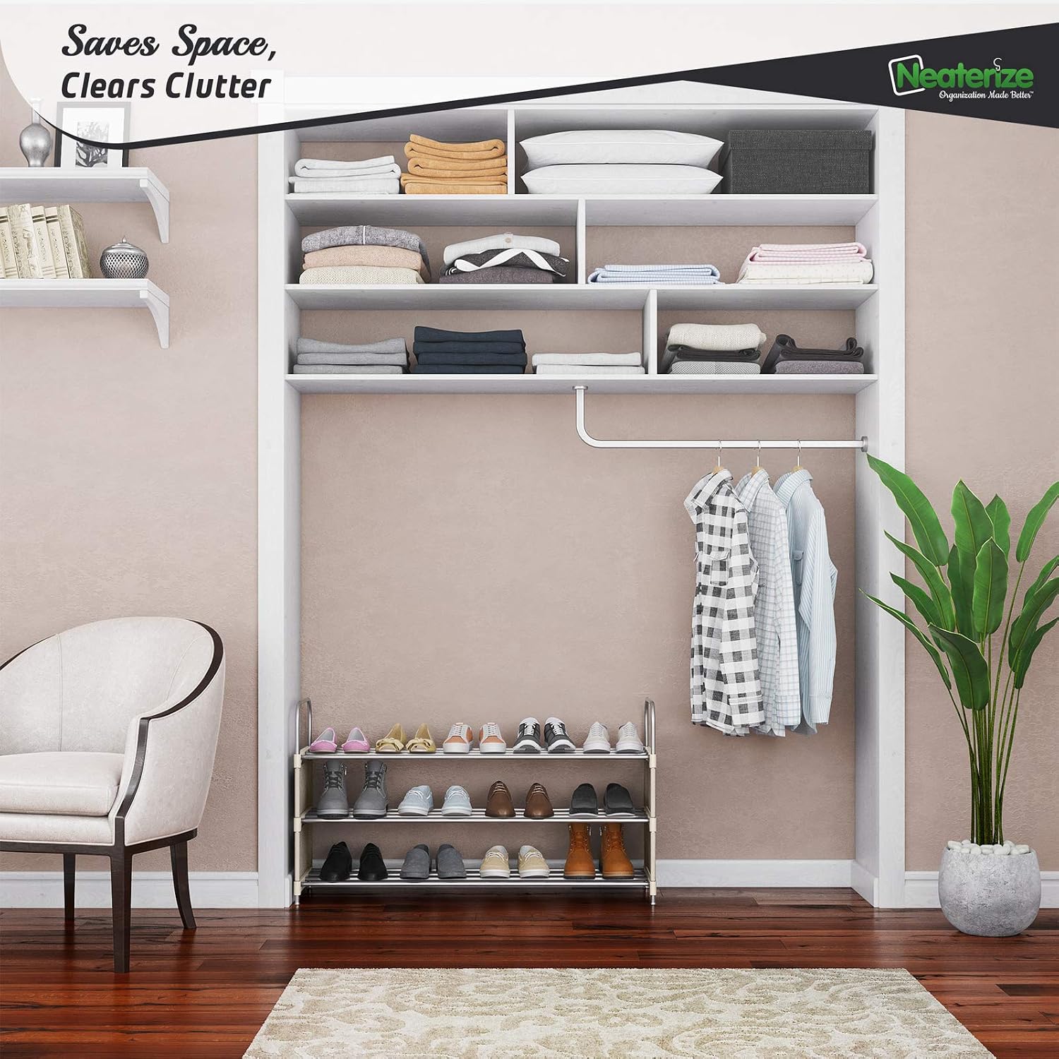 NEATERIZE 3 Tier Wide Shoe Rack | Stackable, Metal, Closet Shoe Organizer | Shoe Shelf Cabinet | Organizador De Zapatos | Shoe Rack for Closets, Entryway, Living Room and Bedroom (Beige)
