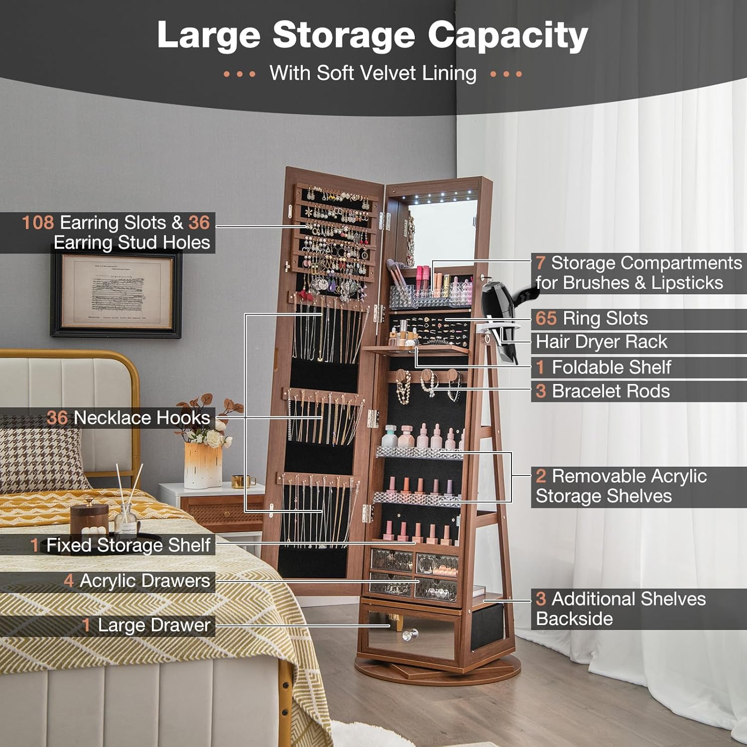 CHARMAID 360° Swivel Jewelry Cabinet Armoire 64.5" H, Full Length Mirror with Jewelry Storage, 6 LEDs Lockable Jewelry Organizer, Rear Storage Shelves, Large Drawer, Hairdryer Holder (Walnut) - Image 4