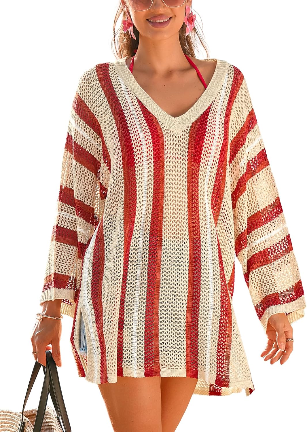 CUPSHE Crochet Swimsuit Coverup for Women V Neck Long Sleeve Striped Beach Cover Up Dresses