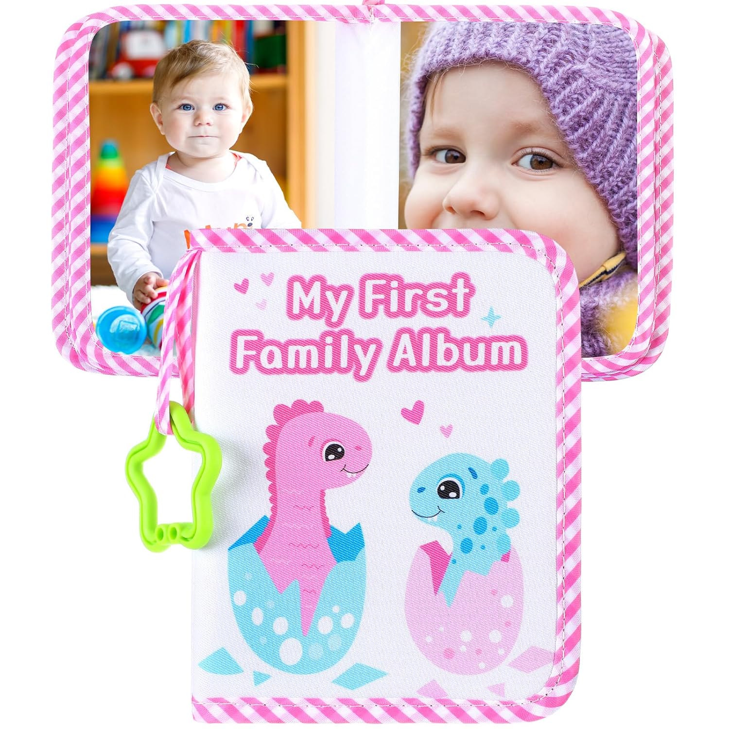 Reallnaive Baby Photo Album Holds 17 4x6 Pictures My First Soft Cloth Family Photo Book with Name Tag Stickers Fabric Kid Memory Keepsake Gift for Newborn Toddler Boy Girl Baby Shower(Dinosaur Eggs)