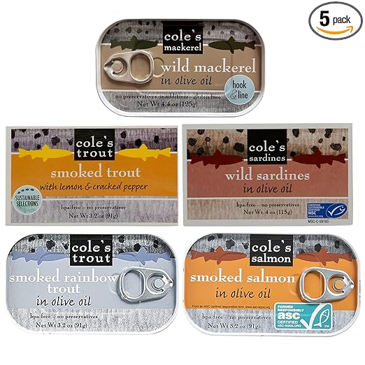 COLE'S Seafood Sampler Variety Pack - With Skinless, Boneless Smoked Salmon and Wild Caught Mackerel, and Smoked Fresh Water Rainbow Trout, Wild Caught Sardines, Canned Fish, High in Protein