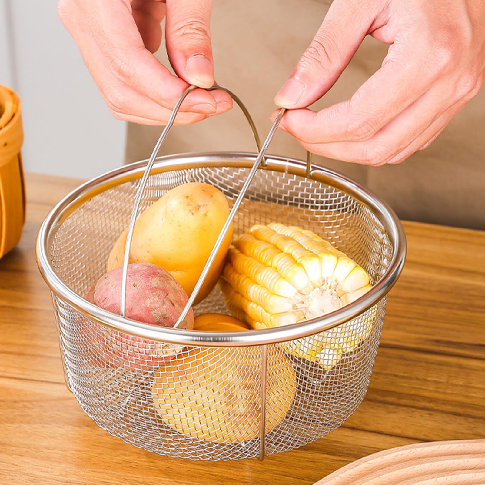 Cestello per Cottura a Vapore in Rete, Ø 20 cm Cestello per Colino in Rete con Manici Pieghevoli in Acciaio Inox, Cestello Verdura Risciacquo Drenante per Verdure e Alimenti, Lavabile in Lavastoviglie