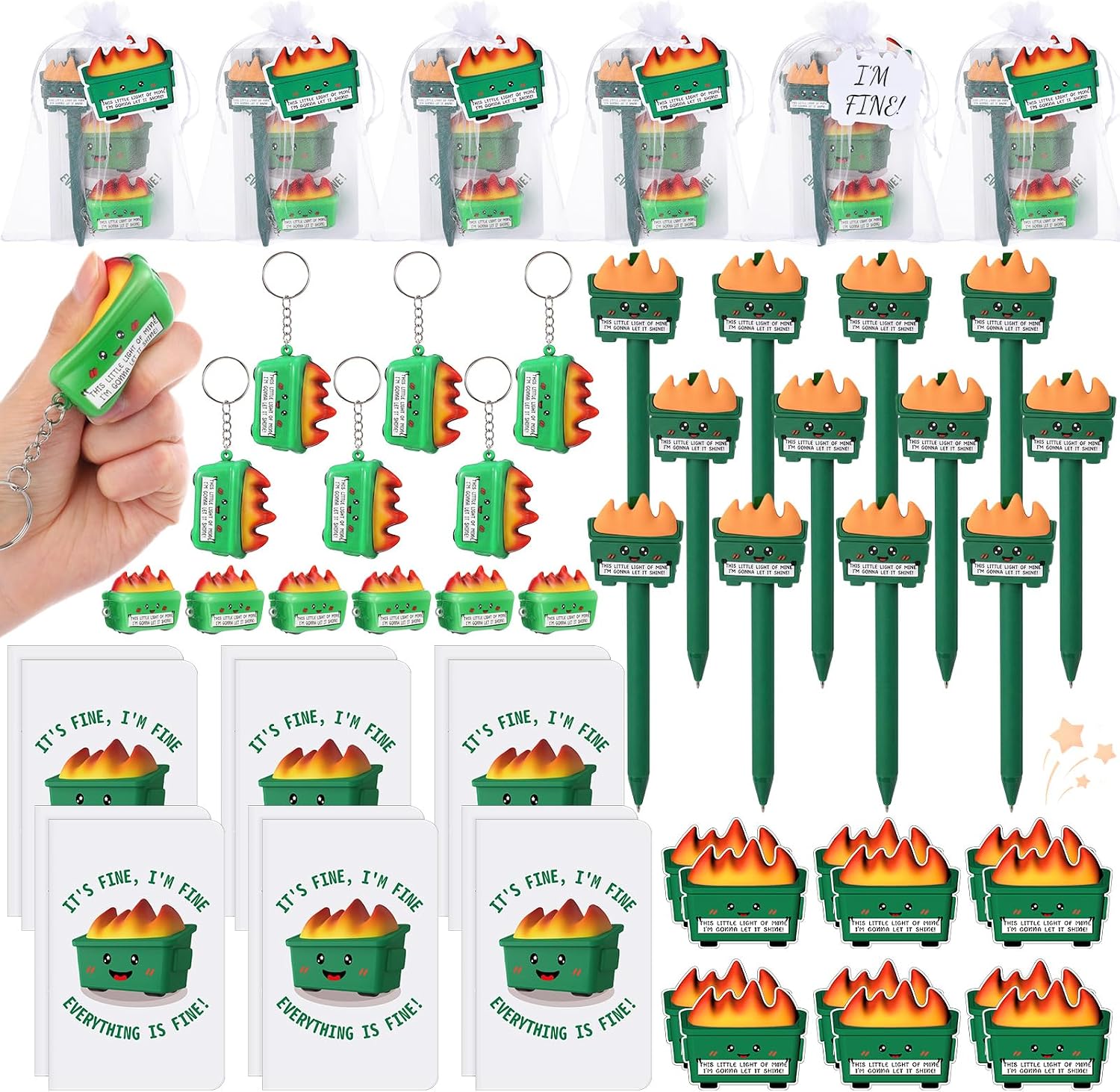 Watersay 60 Pcs Dumpster Employee Appreciation Gifts for Nurse Teacher Coworker, Funny Dumpster Stress Ball Keychains Emotion Support Dumpsters Pens Cards Notepads Bags for Staff Graduation(Green)
