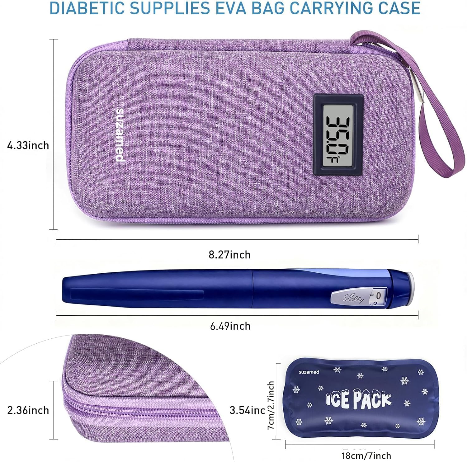 suzamed Temp Display Insulin Cooler Travel Case, 2PCS 150g Ice Pack, Purple image 5