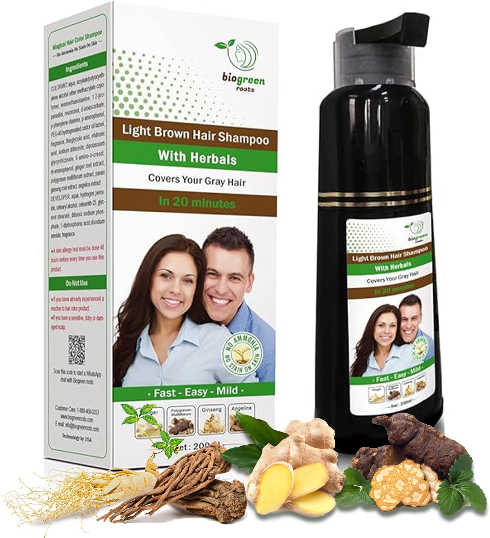 Biogreen Roots Ammonia-Free Herbal Hair Shampoo - Effectively Covers Gray Hai...