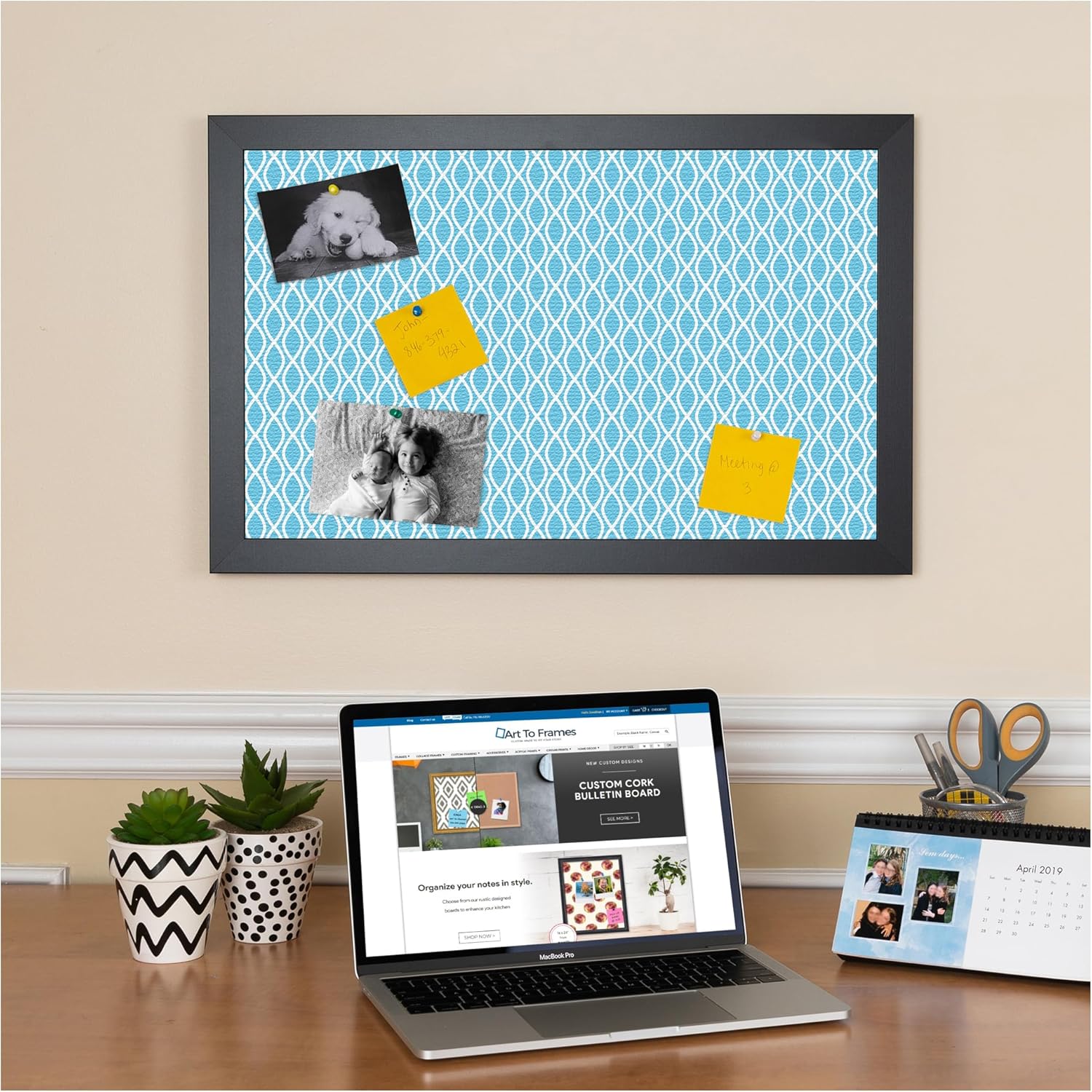 PinPix 24x24 inch Cork Bulletin Board. This Decorative Framed Pin Board Comes with Sky Blue Waves Design and a Satin Black Frame. Ideal for Home Office Decor (PinPix-245)