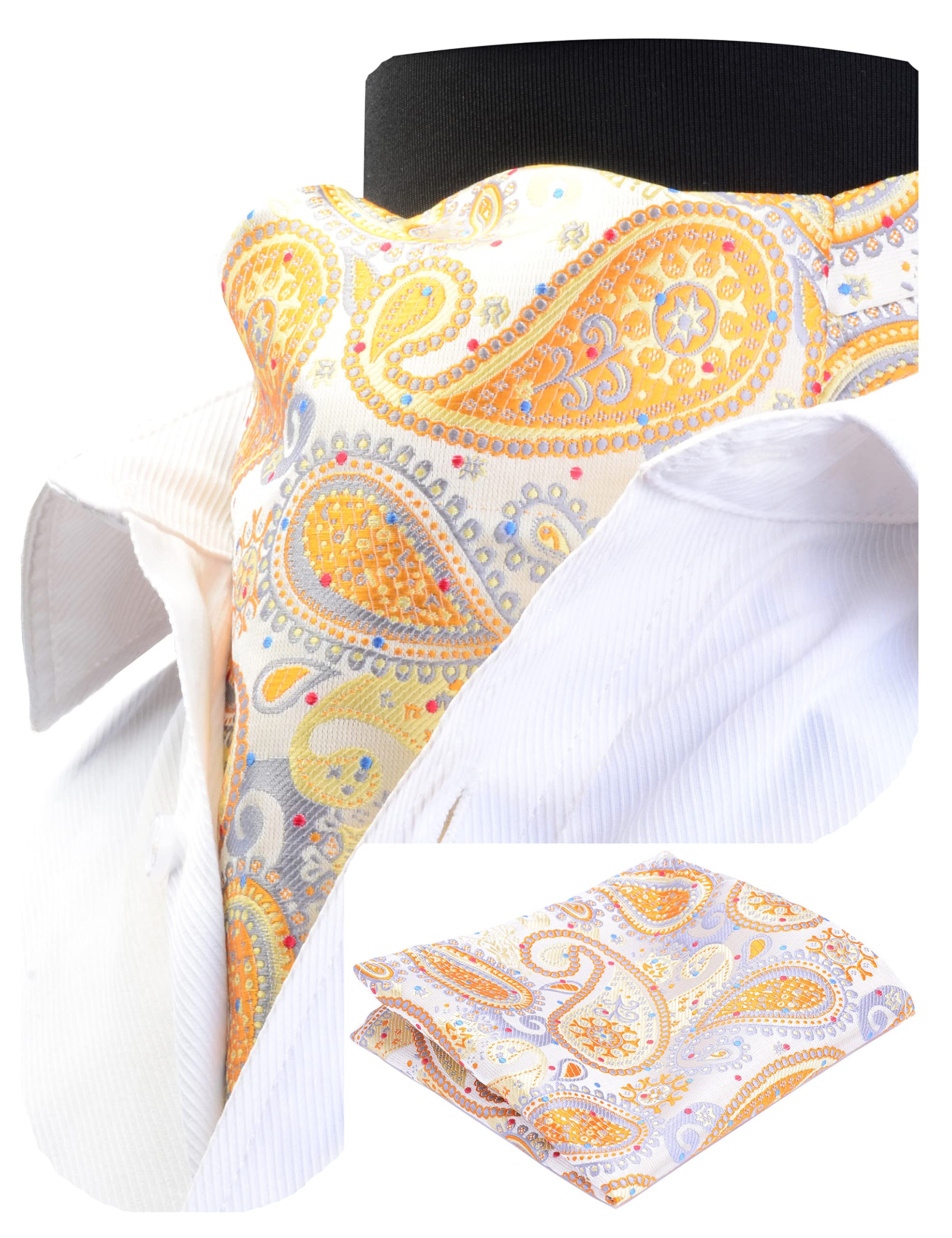 Gusleson Men's Ascot Paisley Cravat Necktie Floral Jacquard Woven Gift Tie and Pocket Square Set (UK0603-09)