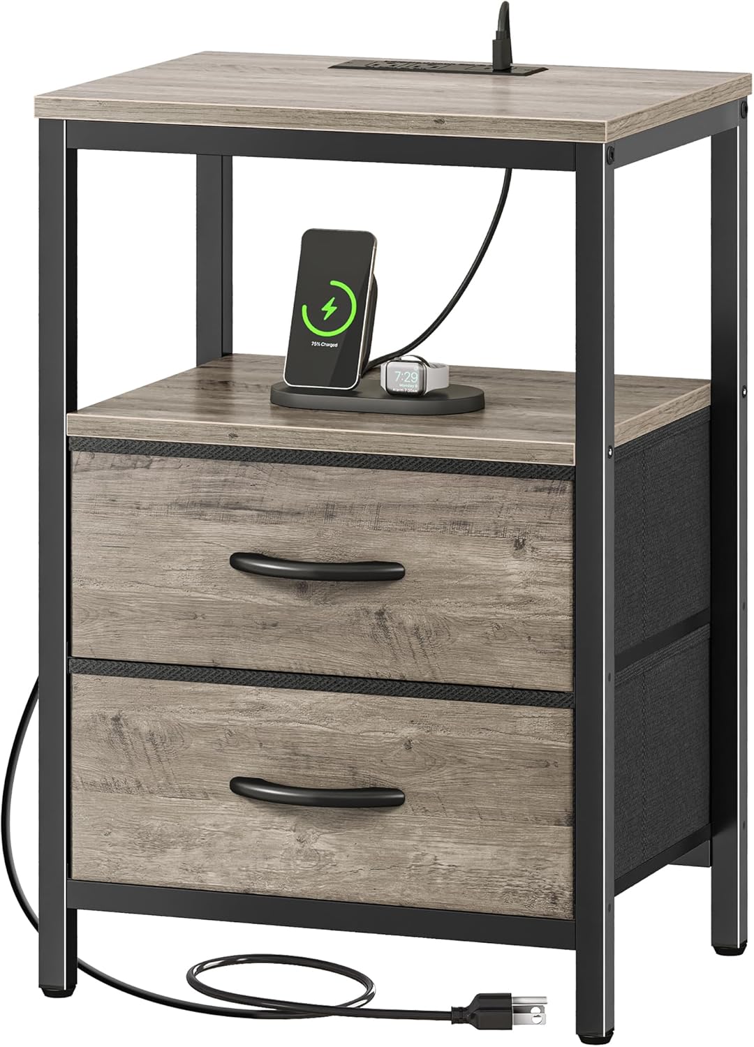 Huuger Nightstand with Charging Station, Fabric Drawers, End Table with Open Shelf, Bedside Table with USB Ports and Outlets, Night Stand for Bedroom, Oak 11.8"D x 15.7"W x 23.6"H (2 Drawers) Oak 1