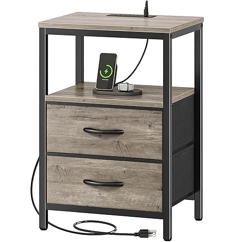 Huuger Nightstand with Charging Station, Fabric Drawers, End Table with