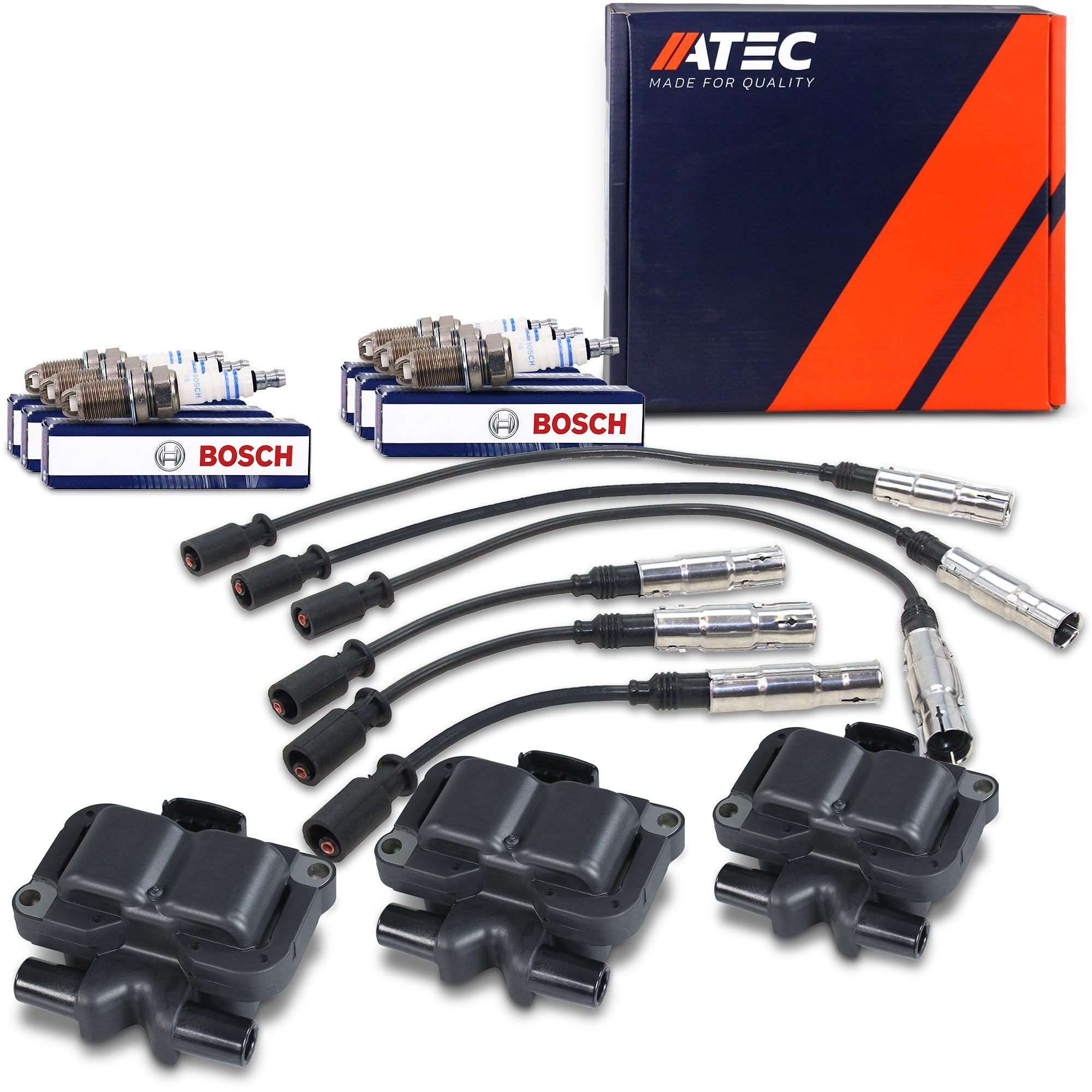 ATEC Germany 6x Candela accensione, 1x Kit cavi accensione, 3x Bobina d'accensione
