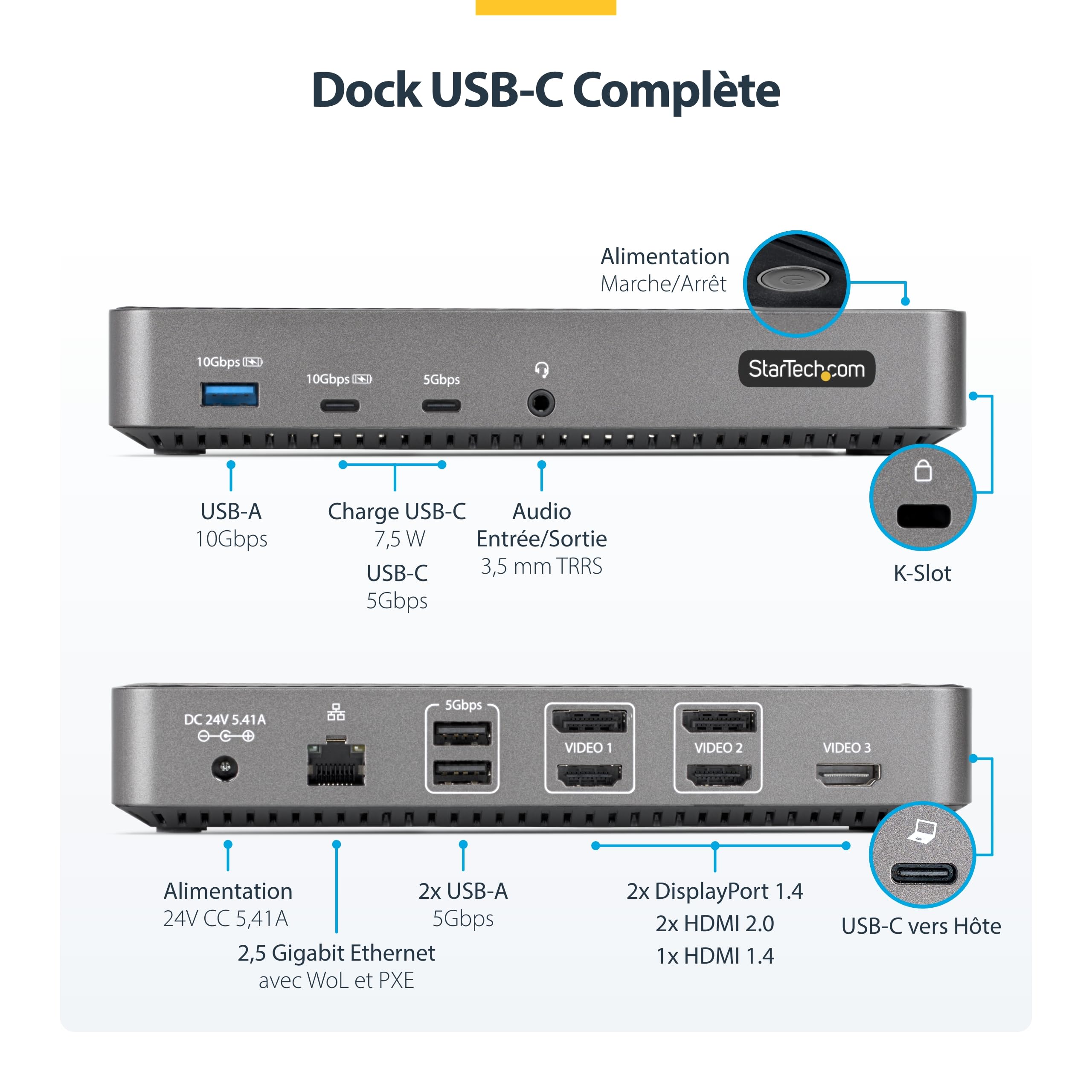 StarTech.COM Station d'accueil Triple Moniteur USB-C - Dock Triple HDMI/DP 4k - Hub USB 5X - GbE - 100W PD - Docking Station Universelle Multi-Écrans - Compatible Thunderbolt 3/4 (116E-USBC-DOCK)