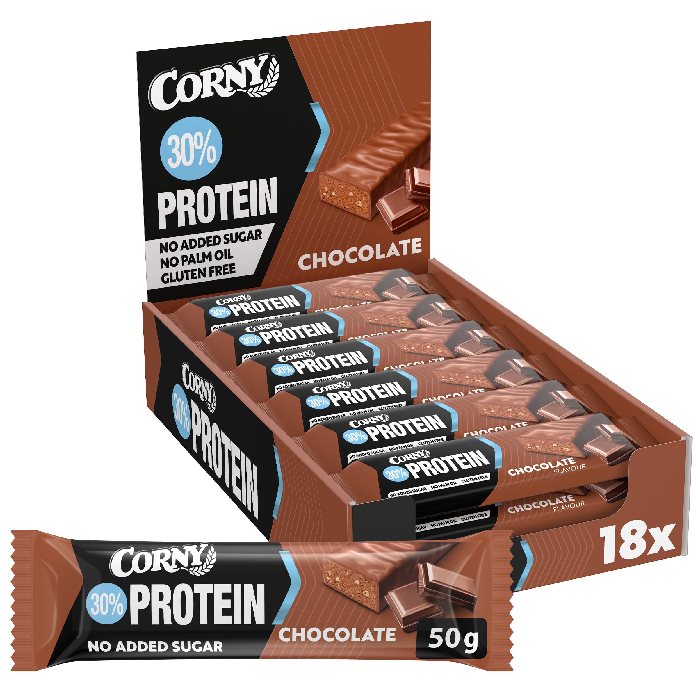 Corny Protein Power Schoko | 30% Eiweiß | Fitness & Sport Riegel | Proteinriegel Großpackung 18 x 50 g