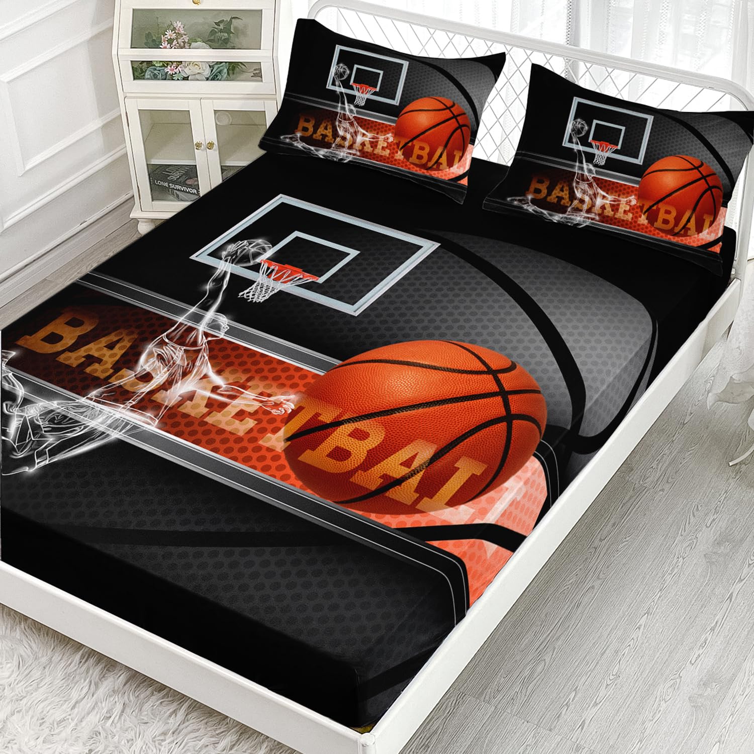 AILONEN 3D Basketball Fitted Sheet Queen Size, Sport Bedding Set for Boys Kids Teen, 1 Fitted Sheet 2 Pillowcases, 3 PCS, Soft Microfibre
