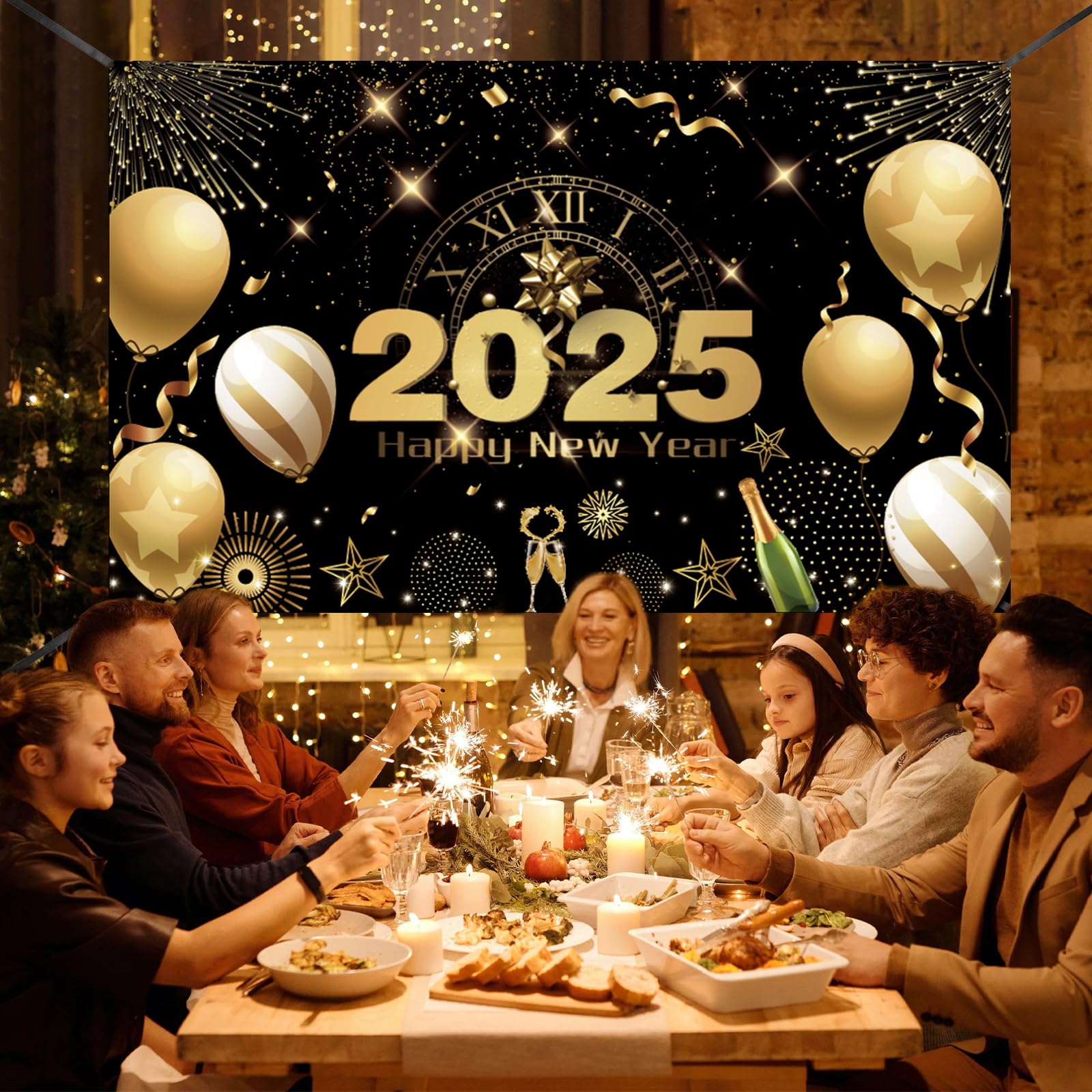 Happy New Year Banner 2025, Extra Large Fabric Happy New Years Backdrop ...