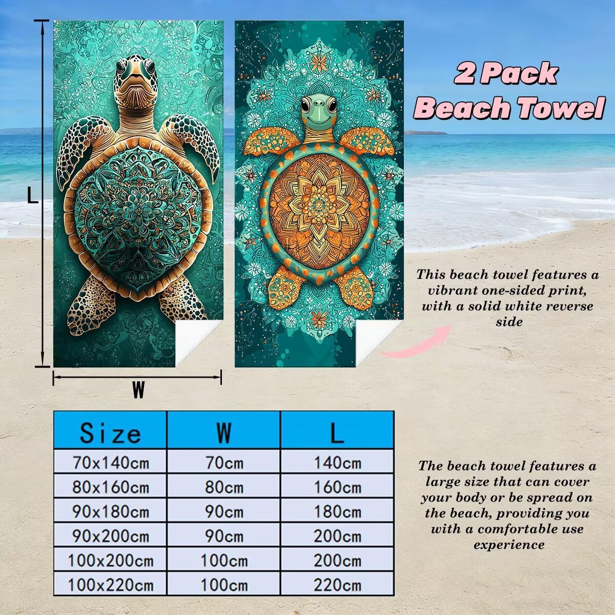 Juego de 2 Toalla Playa Grande 100x220 cm, Secado Rapido Toalla Microfibra Gimnasio, Antiarena Toallas de Playa Tortuga Marina, Grande Ligera Compacta Toallas Microfibra Mujer Hombre para Viaje -3888