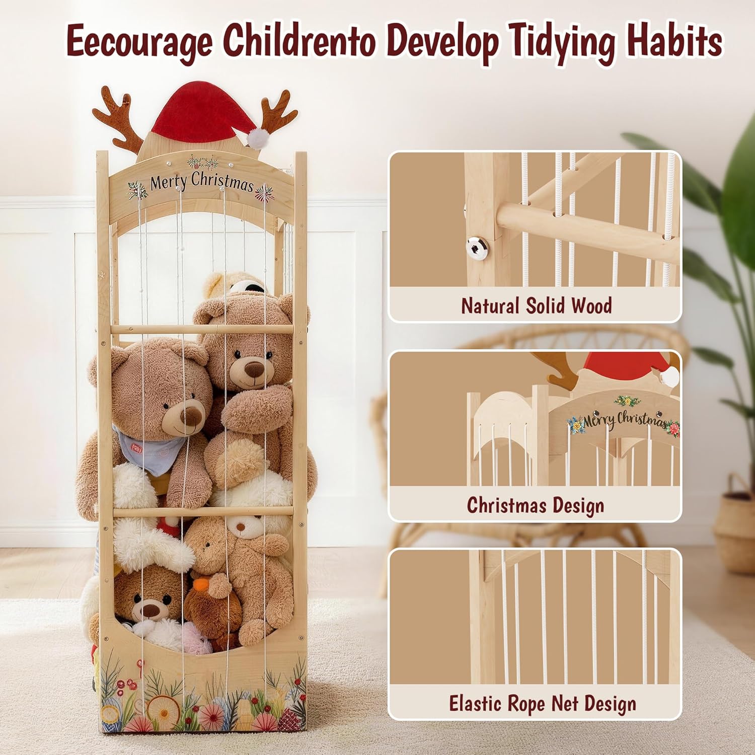 Stuffed Animal Storage,Christmas Reindeer Stuffed Animal Organizer, Movable Stuffed Animal Holder with Elastic Cords for Nursery Playroom Kidroom Bedroom - Image 7