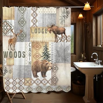 Rustic Cabin Shower Curtain, Country Bear Deer elk Moose Patchwork Green Forest Woodland Bath Curtain for,Western Adventure Wild Life Farmhouse Decorative Tree Fabric Bathtub Curtains with Hooks