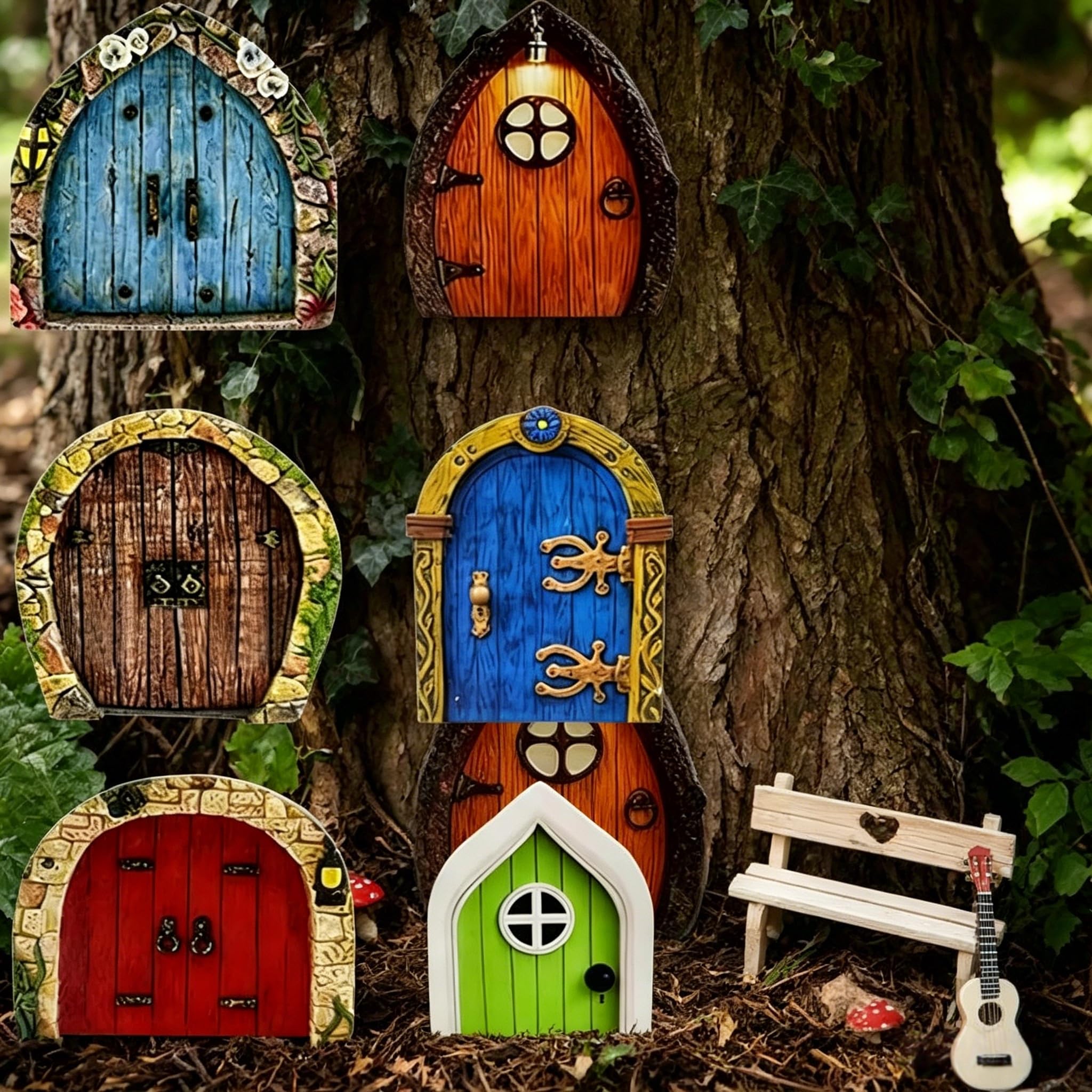 WSHuayee Fairy Doors for Garden, Wooden Miniature Fairy House Doors, Outdoor Fairys Garden Ornaments for Trees Gardens Outdoors Indoor or Outdoor Flat printing design (Multiple colors, 6 Pcs)