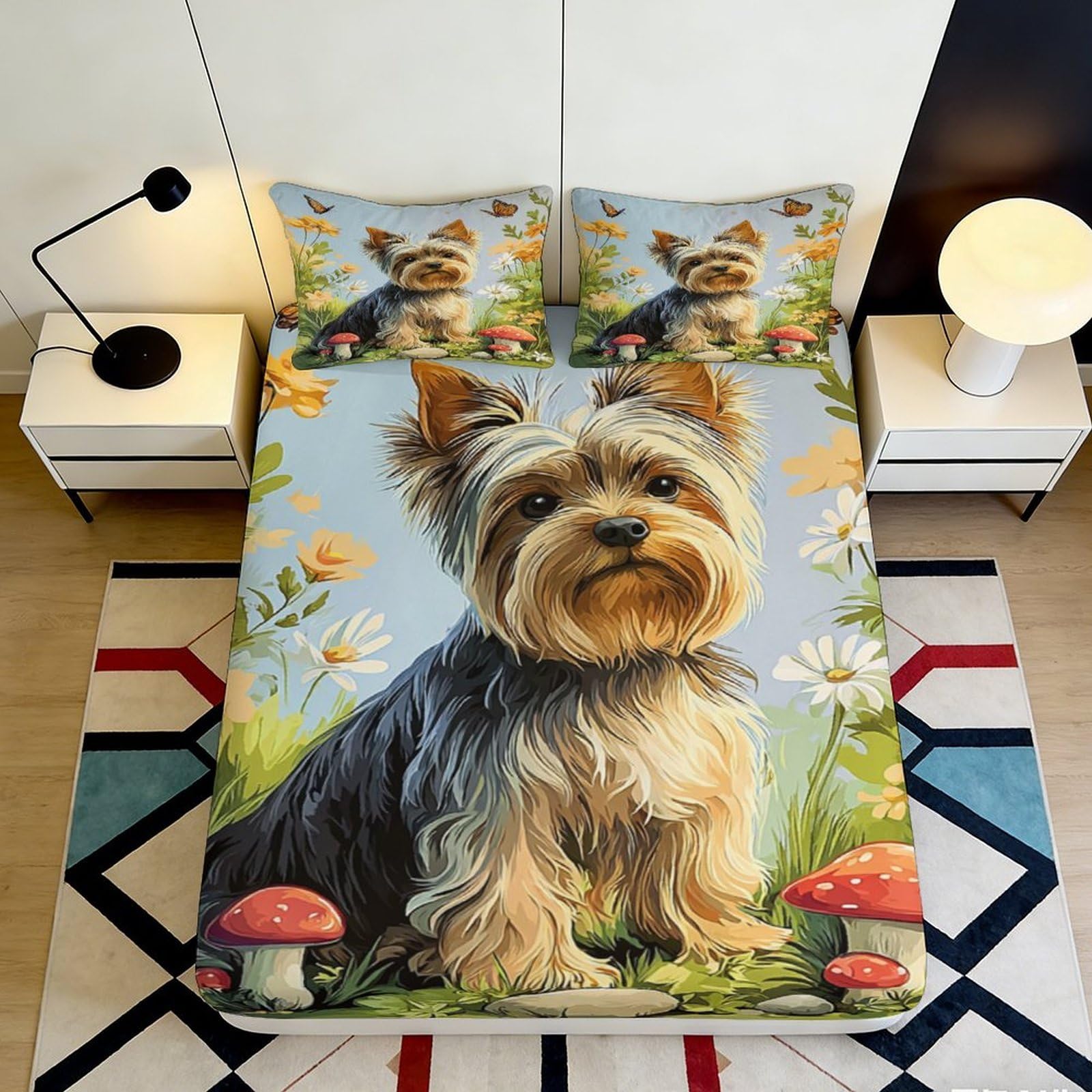 3D Printed Yorkshire Terrier Fitted Sheet Microfiber Soft Animal Flowers Bed Sheet for Bedroom Dorm Decor Protection 90x200x25cm