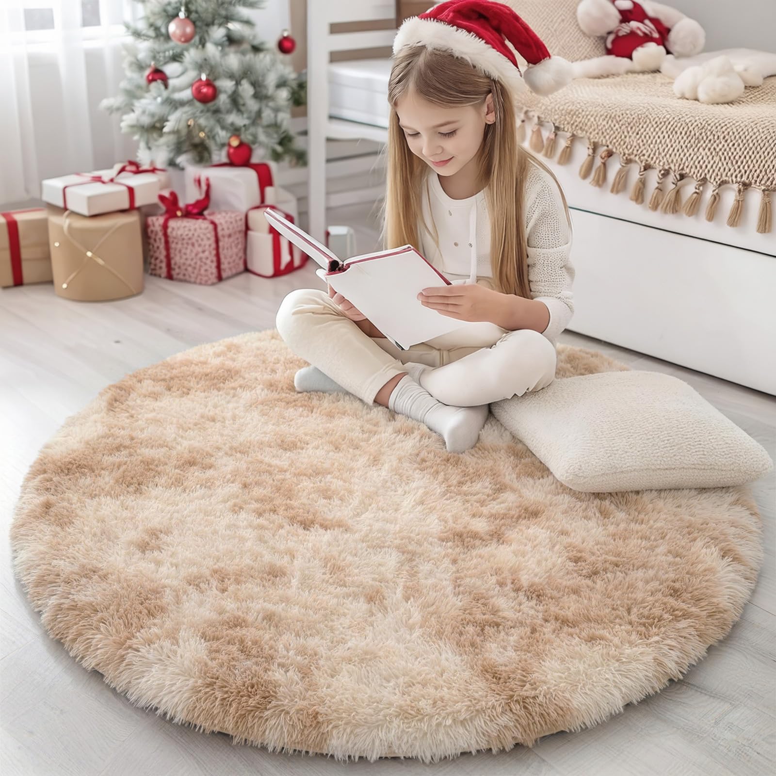 Homaxy Grand tapis de salon à poils longs - 160 cm - Rond - Beige | Tapis antidérapant, lavable, moelleux, moderne, pour chambre d'enfant, chambre à coucher